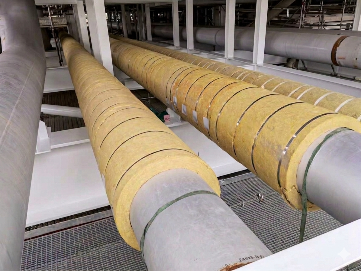 Mineral wool (rockwool) insulation on large bore piping from Westcan Thermal Inc.