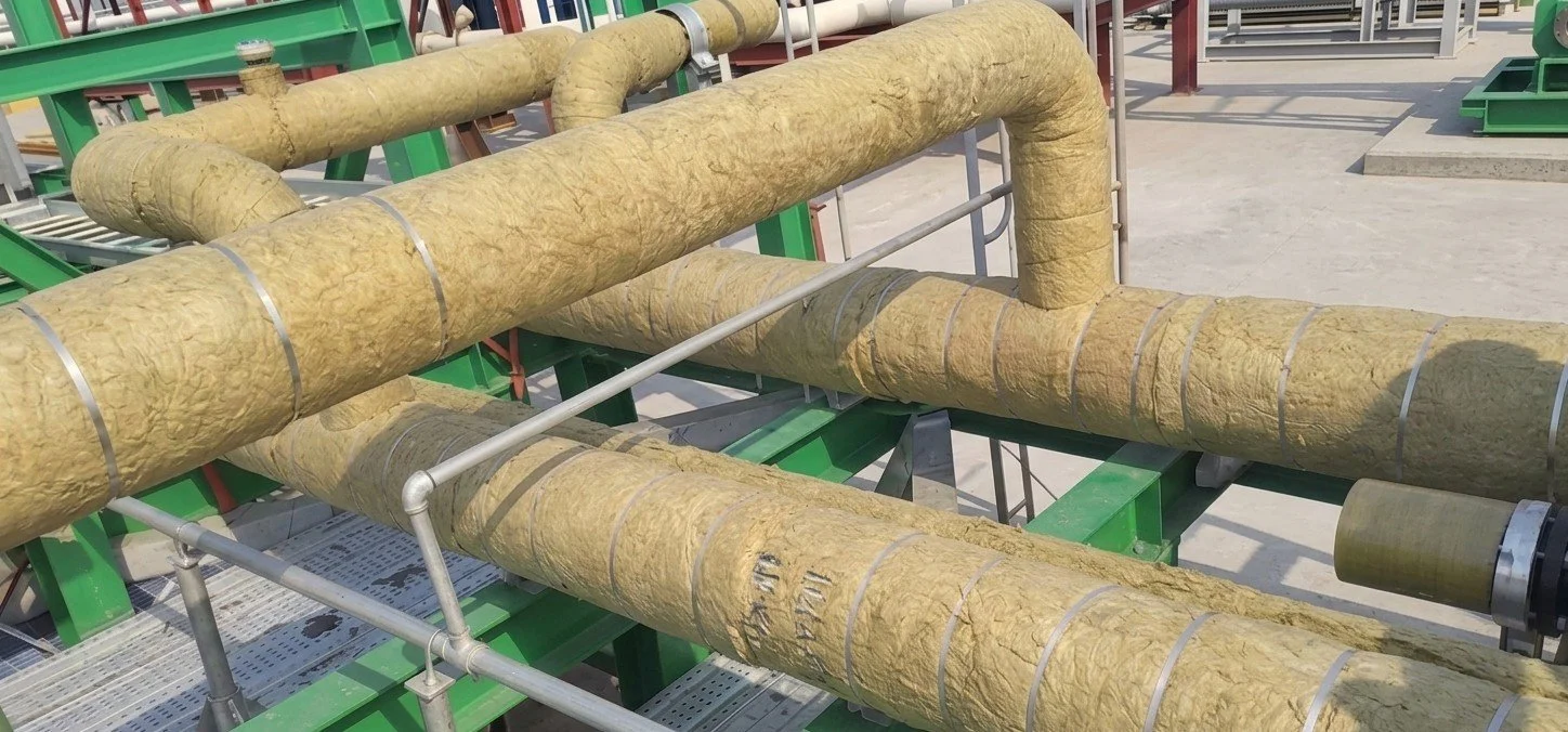 Large industrial pipes wrapped in mineral wool (rockwool) insulation material, secured with metal bands in Canada.