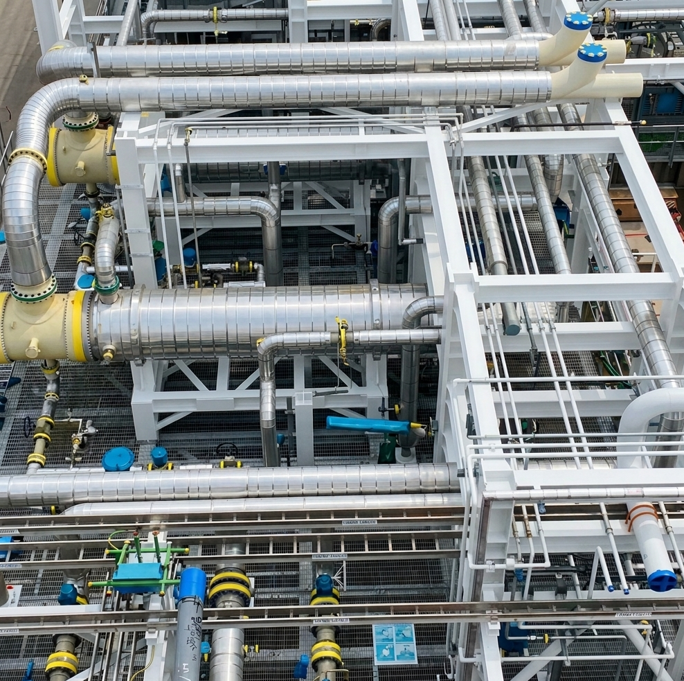 A complex network of stainless steel pipes, valves, and fittings on a white industrial structure, likely part of a large mechanical or water treatment system.