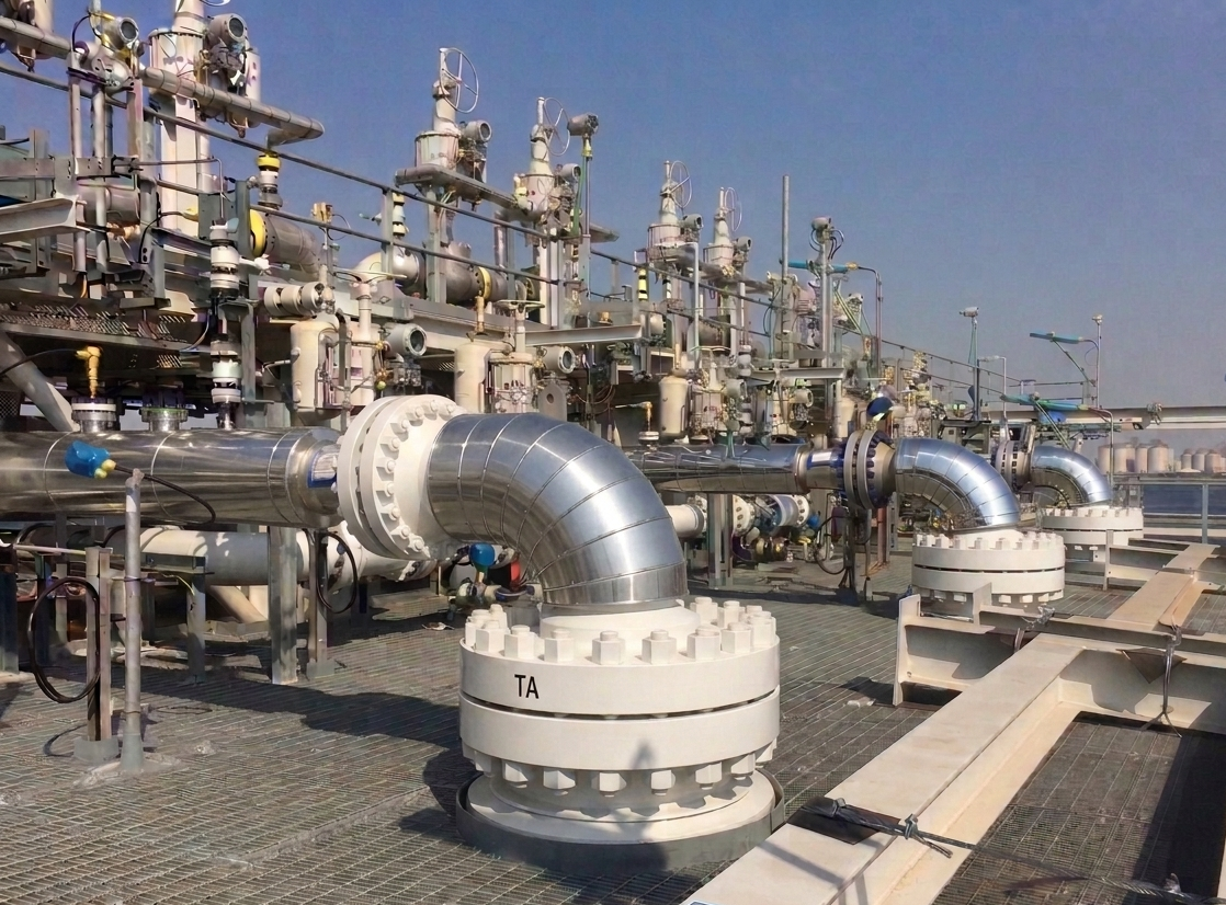 Industrial piping system with large metal pipes, valves, and equipment on a rooftop or platform under a clear blue sky.