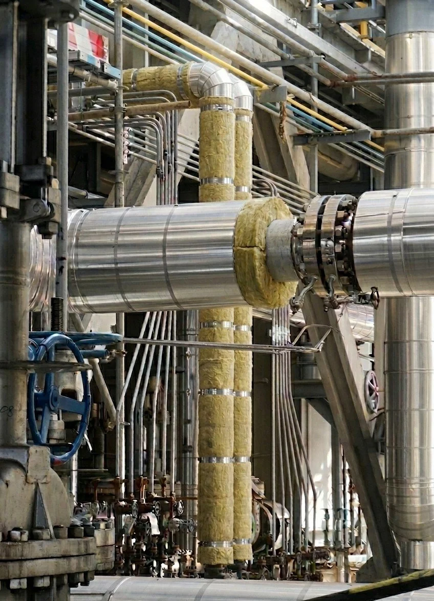 Industrial piping system with large metal pipes, insulated sections, and various valves and connections in a factory or processing plant.