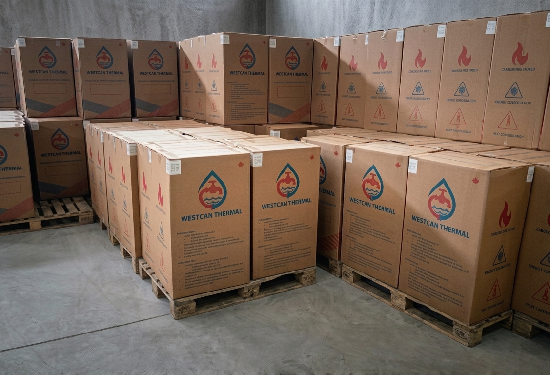 Stacks of cardboard boxes with ASJ fiberglass insulation labeled 'Westcan Thermal' stored on wooden pallets in a warehouse.