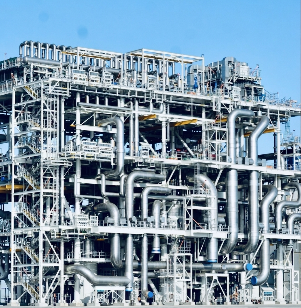 Large metallic industrial plant with numerous pipes, staircases, and platforms under a clear blue sky.