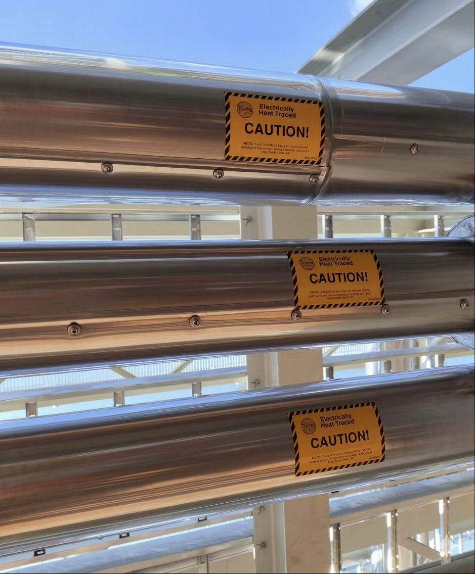 Close-up of three metallic pipes with orange caution stickers reading 'Electrically Heat Traced, CAUTION!'