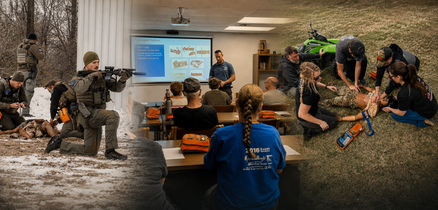 A composite image showing emergency response training. On the left, police officers are conducting a simulated mass casualty scene outdoors in a snowy area, practicing CPR and scene management. In the center, a classroom setting with a trainer giving a presentation to a group of adults, with a slide about tourniquet practice visible. On the right, medical personnel are performing a first aid drill on a person lying on the ground outdoors, with a green motorcycle nearby.