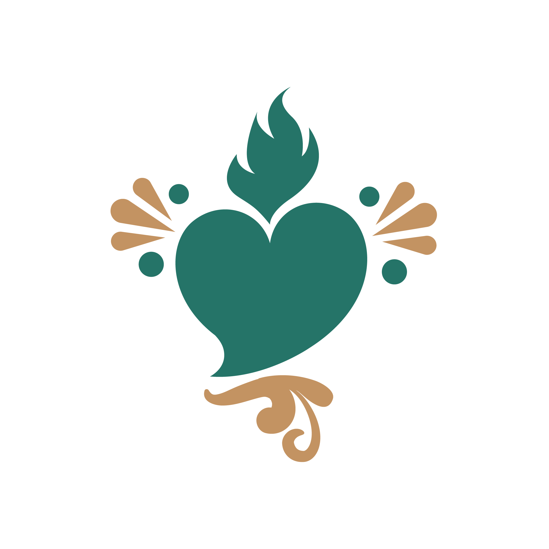 Stylized decorative floral emblem with teal, brown, and beige elements on a black background.