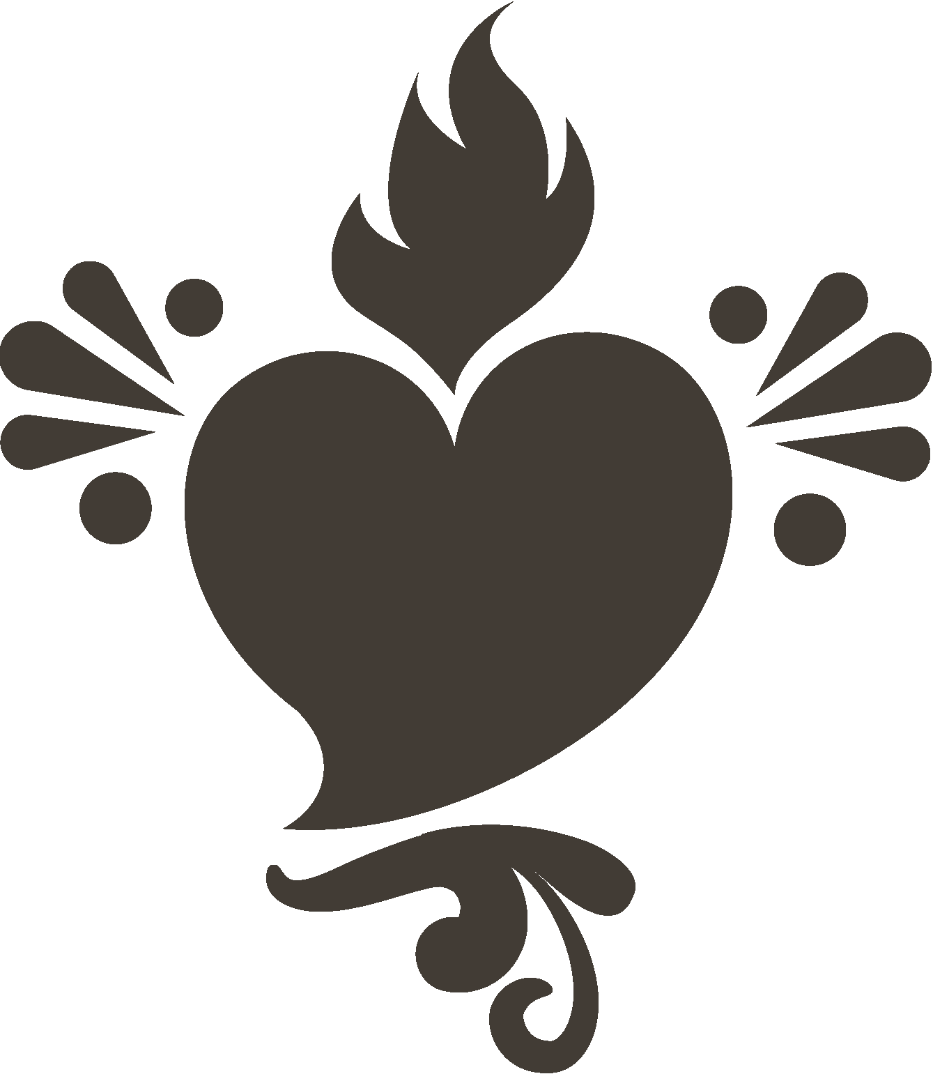 A black silhouette of a flaming heart with decorative elements around it.