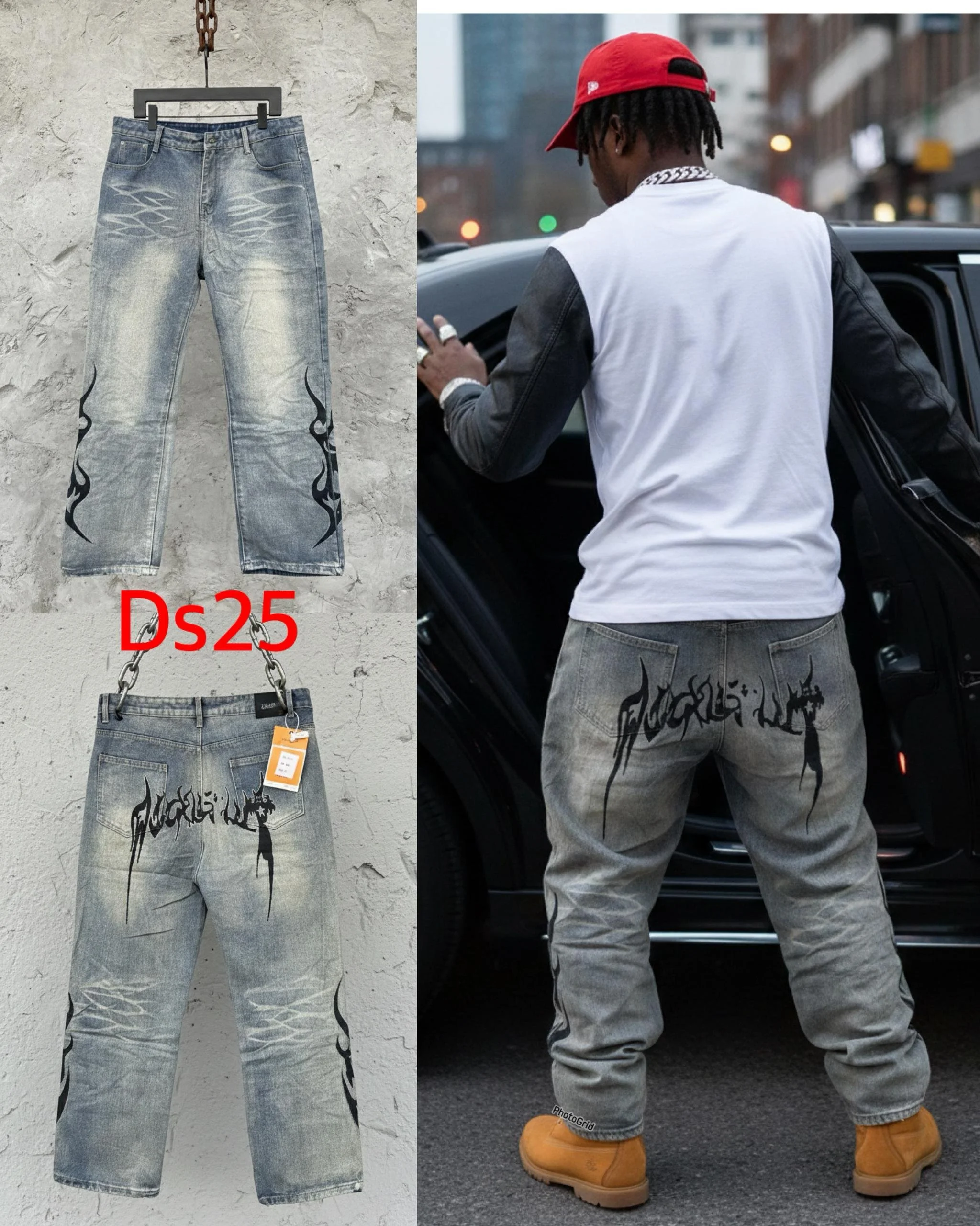 A person wearing gray jeans with black tribal-style designs on the back, standing next to a black car in an urban environment, with a two-tone white and black jacket and a red cap. The left side shows two pairs of jeans, one hanging and one with a ta