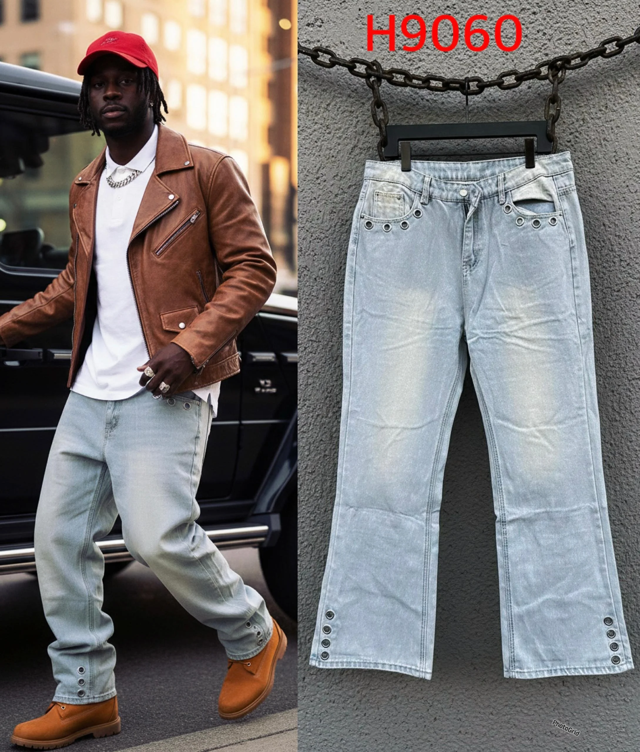 A man wearing light gray jeans with metal eyelet details near the pockets, standing next to a black vehicle on a city street, dressed in a brown leather jacket, white t-shirt, red cap, brown boots, and jewelry. The jeans are also shown hanging on a w