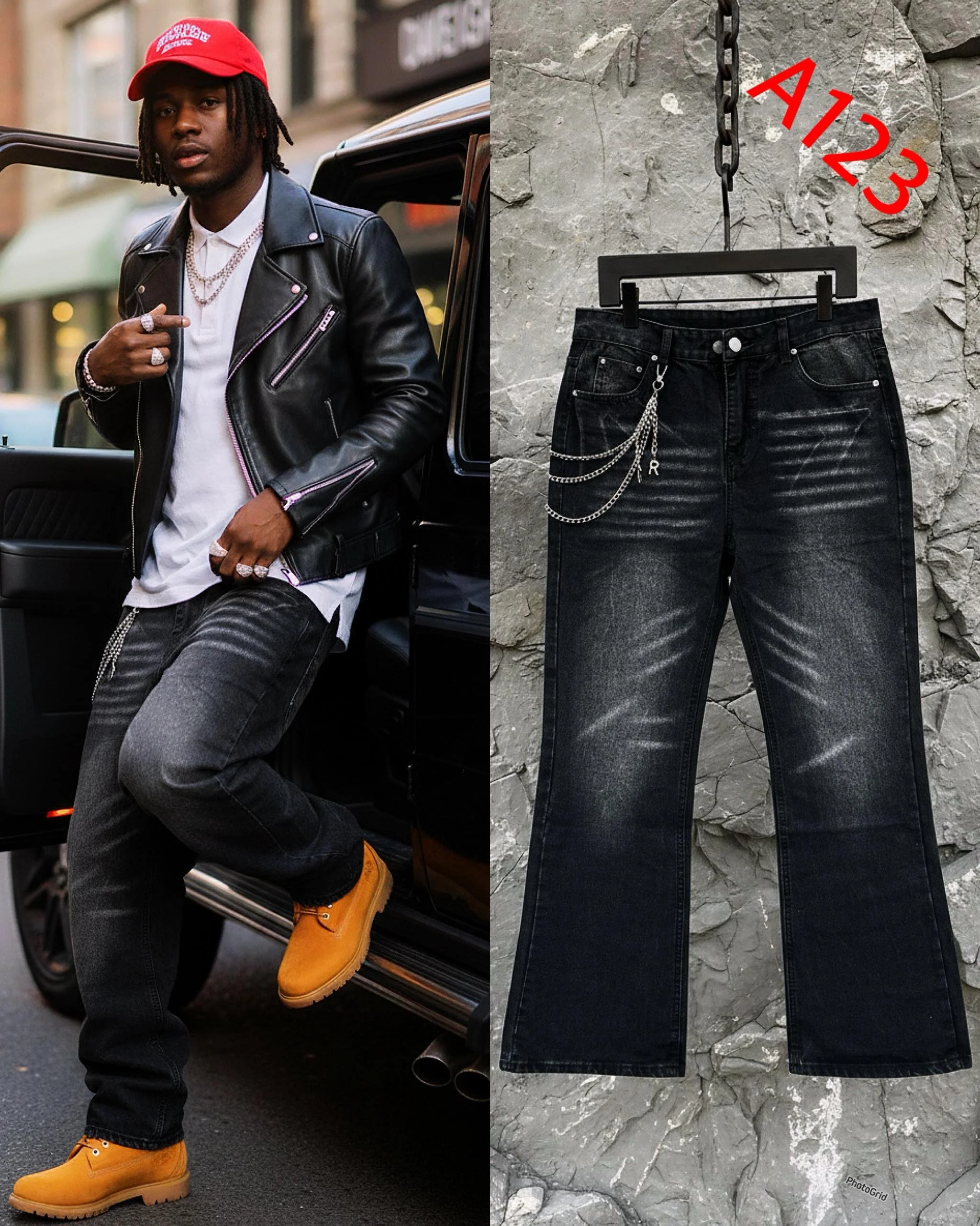 A man dressed in a black leather jacket, white shirt, black jeans with chains, and yellow boots standing beside an open car door on a city street. Next to him, a pair of black jeans with chains hanging from the pocket, labeled A123, are displayed aga