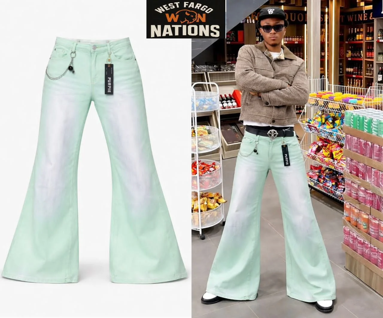 A pair of mint green, high-waisted, wide-leg jeans with a chain detail, displayed next to a person wearing the same jeans in a retail store. The person is standing with arms crossed, wearing a brown checkered jacket, baseball cap, sunglasses, and a b