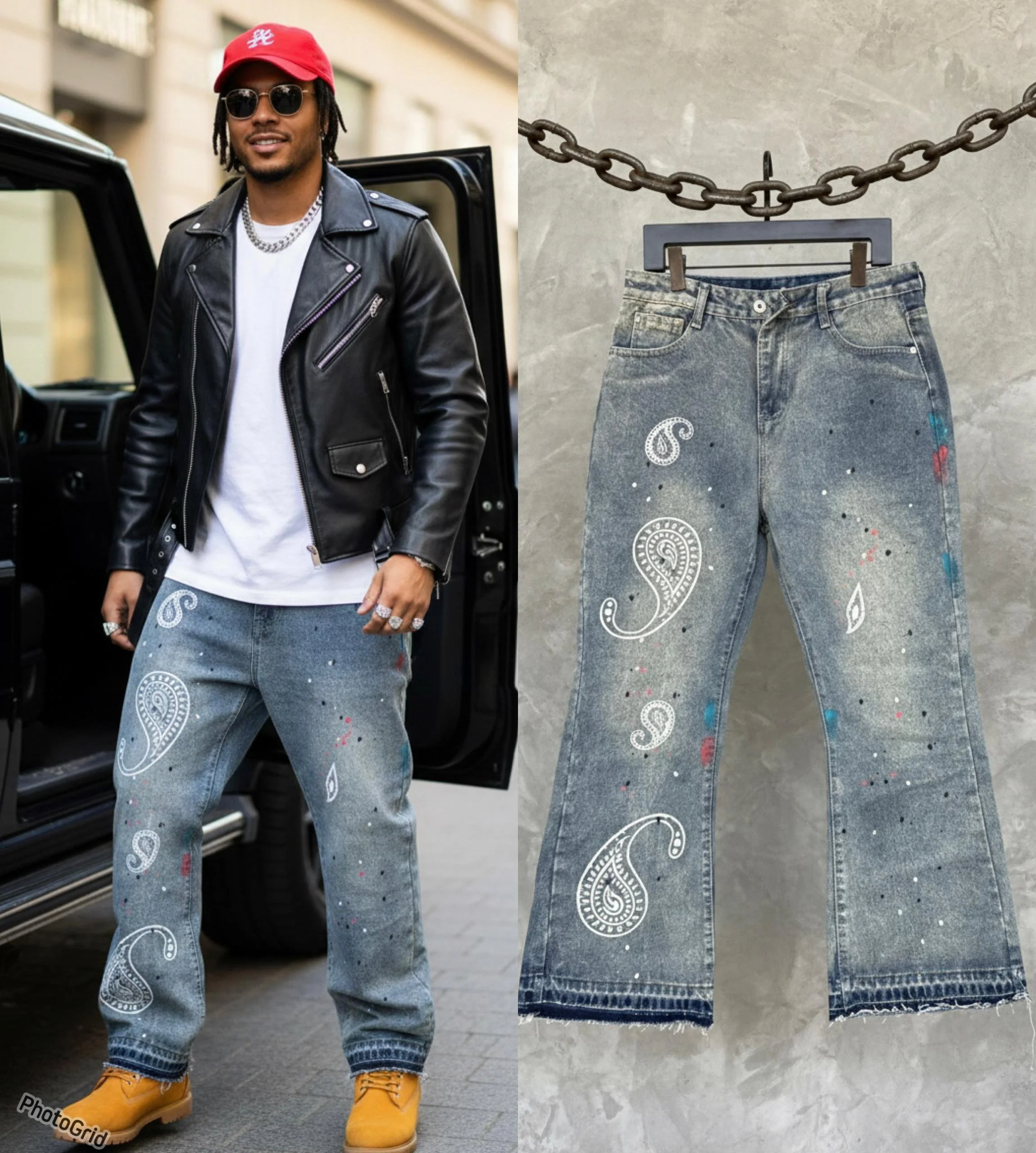 A man wearing a black leather jacket, white t-shirt, and yellow boots, standing next to a black vehicle, with painted paisley and splatter designs on his distressed jeans, which are pictured separately.