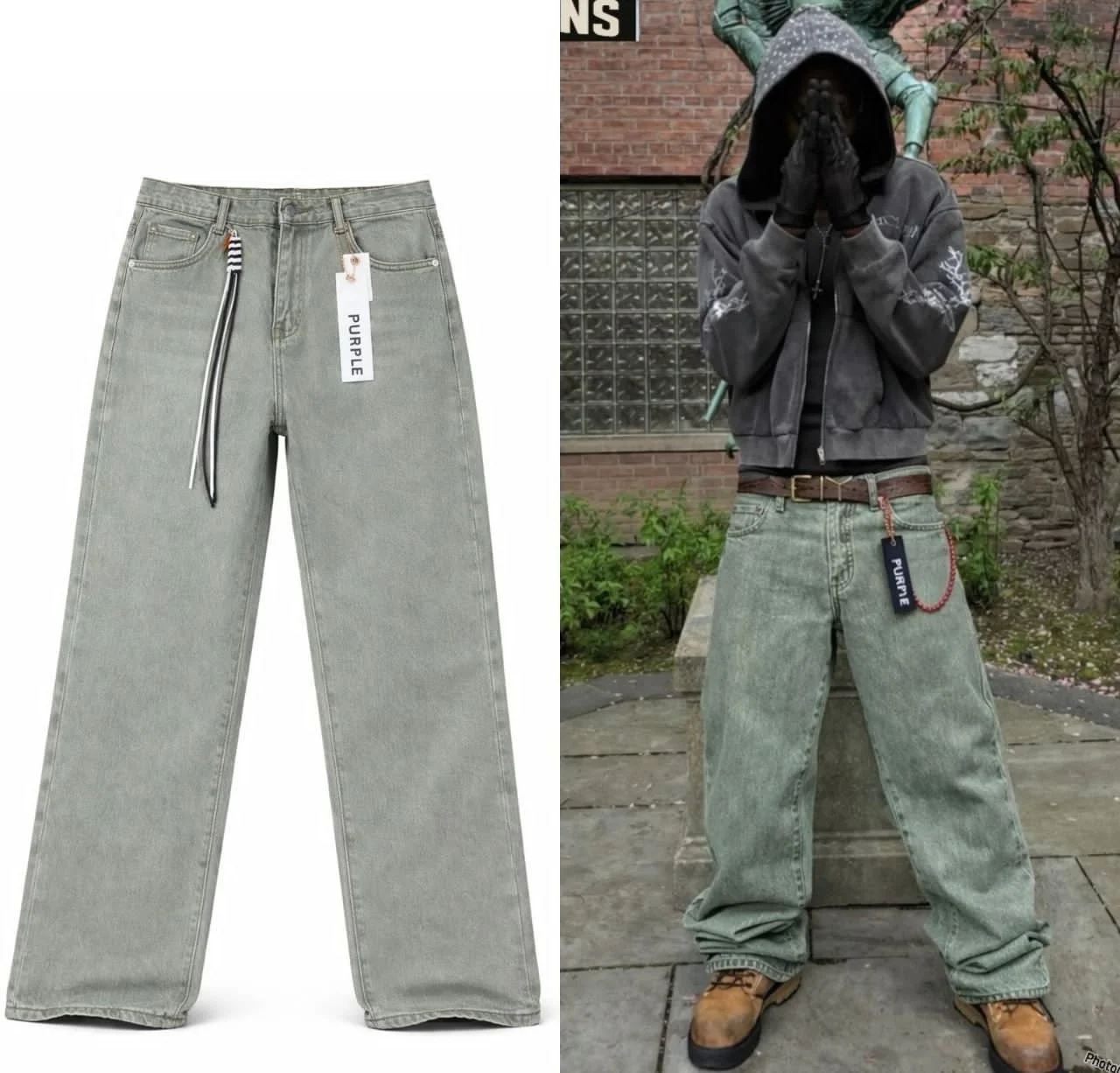 Pair of light gray jeans with a black, white, and orange striped strap hanging from the belt loop, and a white tag labeled 'PURPLE'. On the right, a person wearing similar gray jeans, a black hoodie with a mask, and a cropped gray jacket with artwork