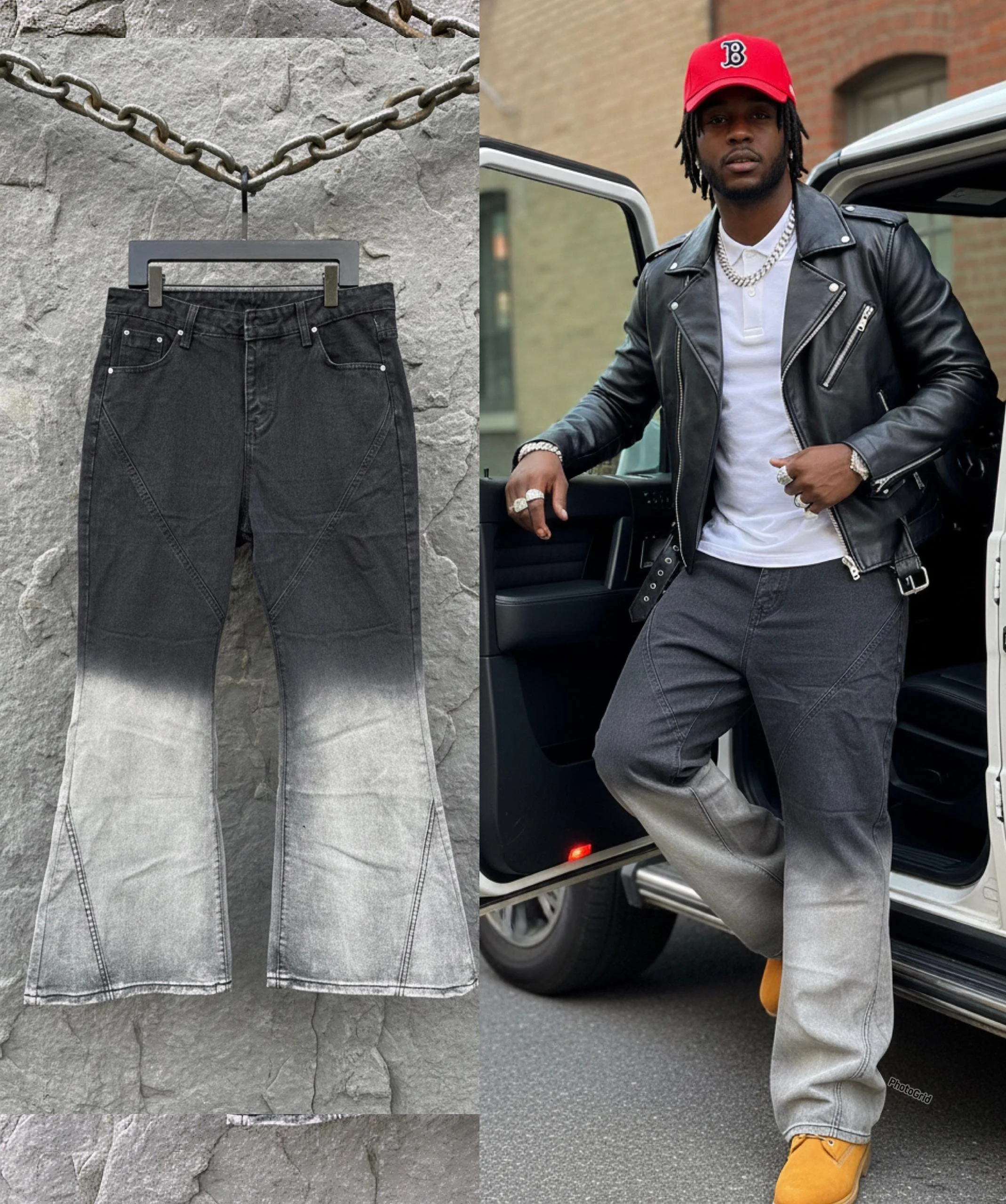 Split image with a black-to-gray ombre denim jeans on the left and a man dressed in casual black and gray jeans, a leather jacket, white T-shirt, red baseball cap, and yellow shoes posing next to a vehicle on the right.