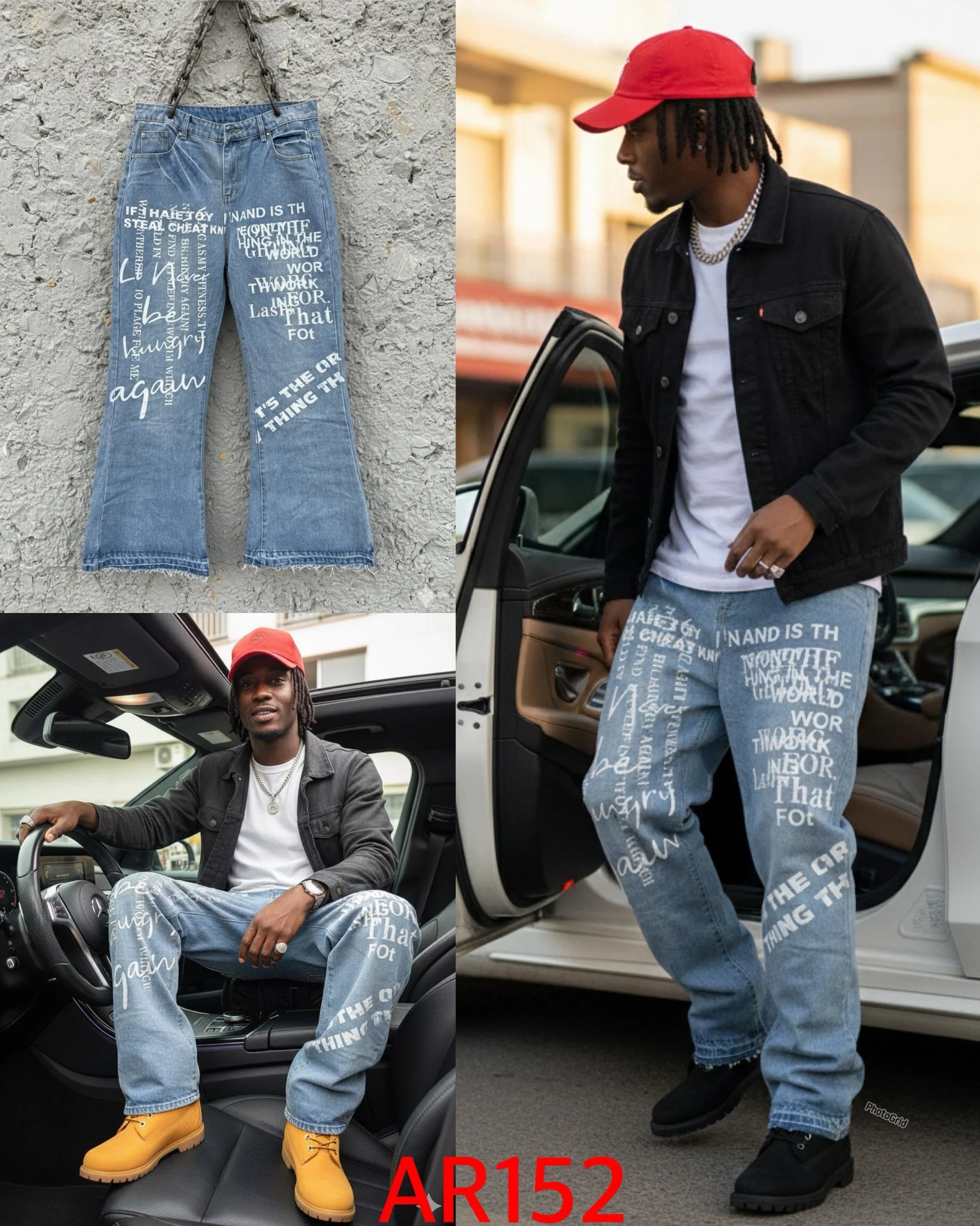 Collage featuring a pair of blue jeans with white text designs hanging on a concrete wall, and a man with dreadlocks wearing a red cap, black jacket, white shirt, and similar jeans with white text, standing beside a white car and sitting inside a lux