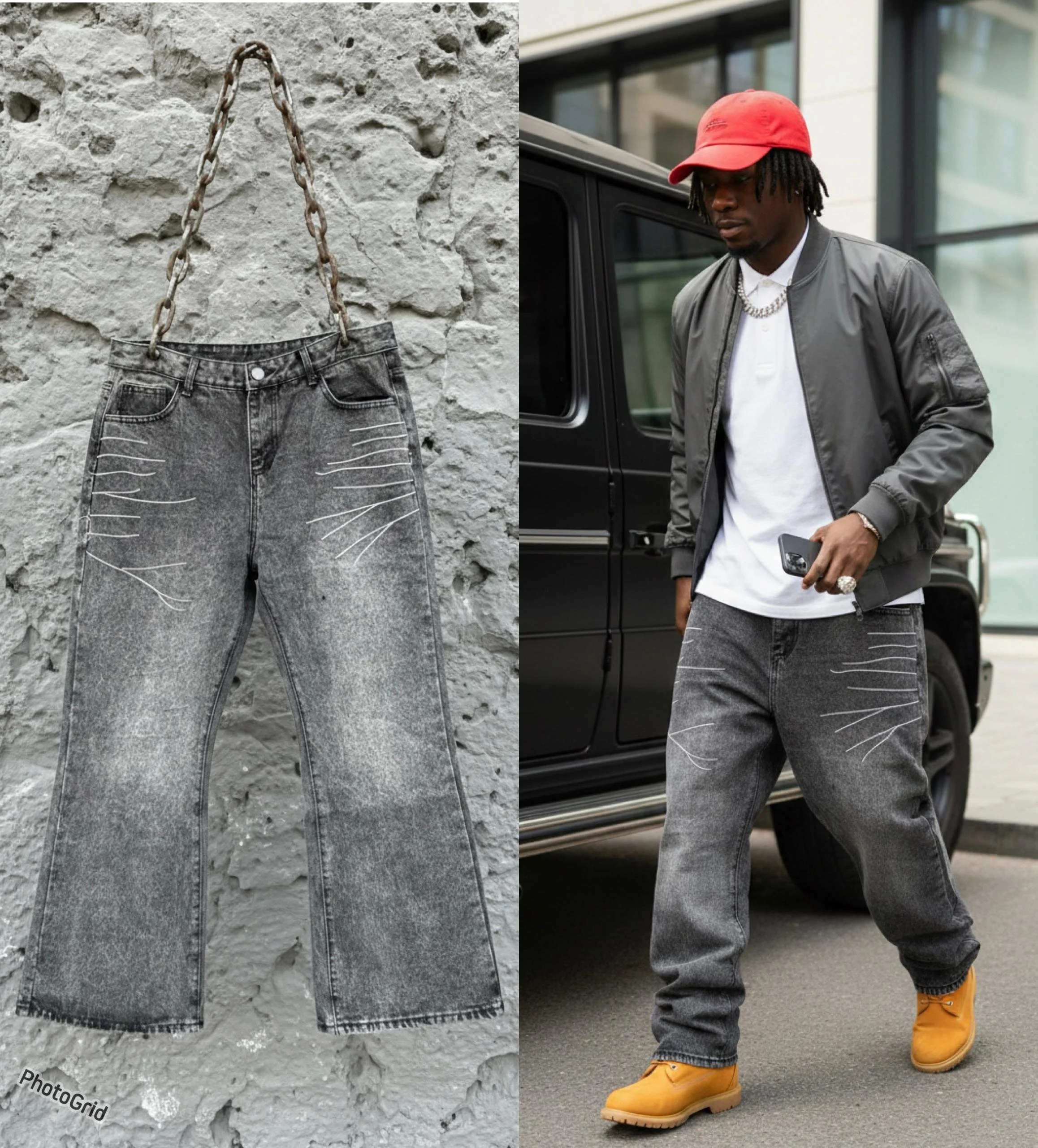 Pair of black and white acid-wash jeans with distressing and straight-leg fit, hanging from a chain over a textured gray wall on the left; a young man wearing similar distressed gray jeans, a black bomber jacket, white t-shirt, red cap, and yellow wo