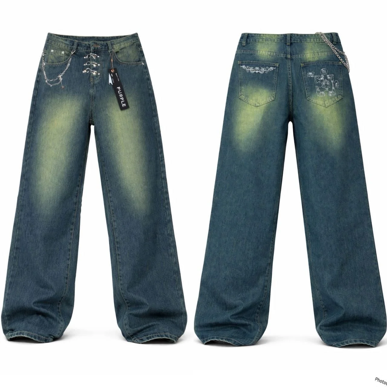 Pair of loose-fitting blue jeans with faded and distressed details, shown from front and back.