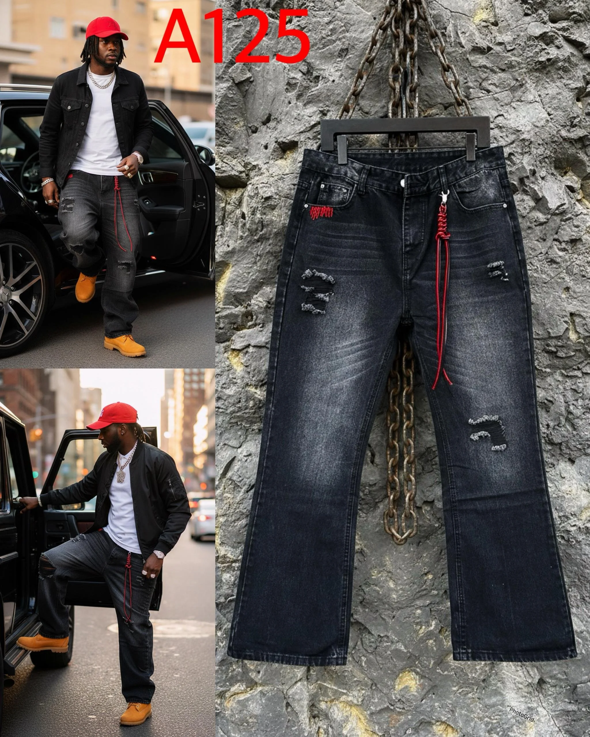 A pair of distressed black jeans with red drawstrings and embroidered details, displayed against a stone background.