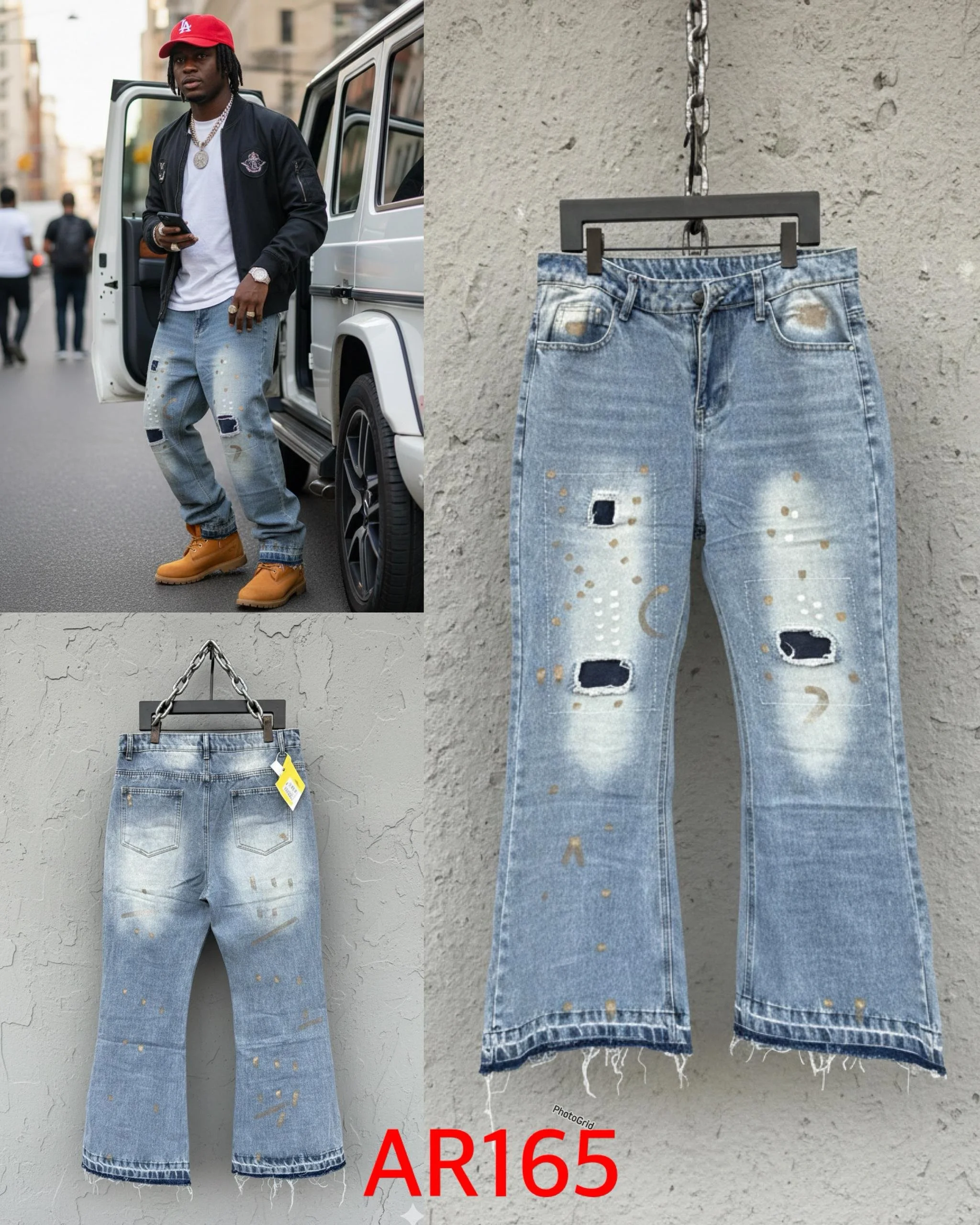 Collage of two distressed denim jeans with paint splatter and ripped details; the top is displayed on a hanger against a concrete wall and the bottom on a textured wall, with a man standing next to a luxury vehicle wearing the jeans, a white t-shirt,