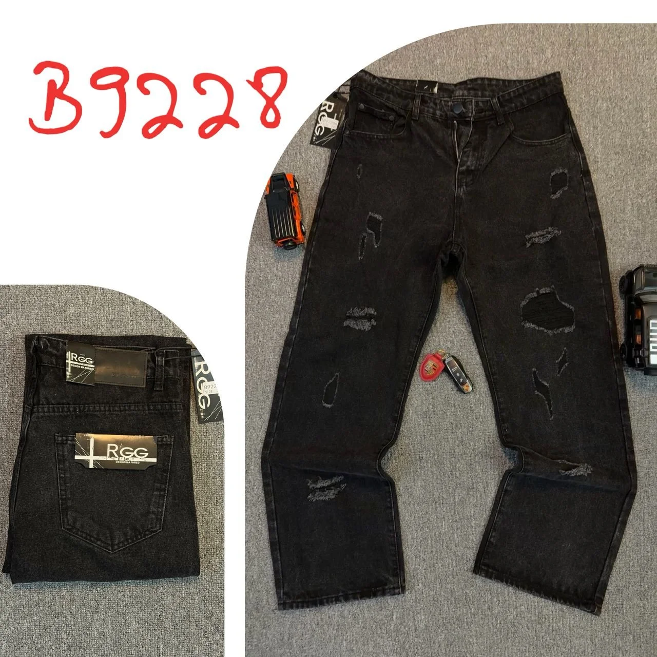 A pair of black distressed jeans with rips, a folded set of black jeans, a portable lighter, a car key with a red keychain, a flashlight, and an orange and black utility tool arranged on a gray carpet.