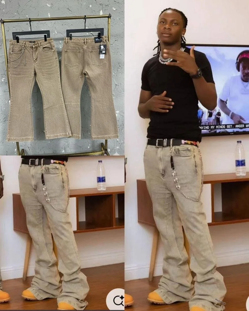A collage with two images and a pair of beige jeans. The top left image shows two pairs of beige pants hanging on a clothing rack. The bottom left and right images show a person in beige pants with a chain accessory, standing in front of a white wall