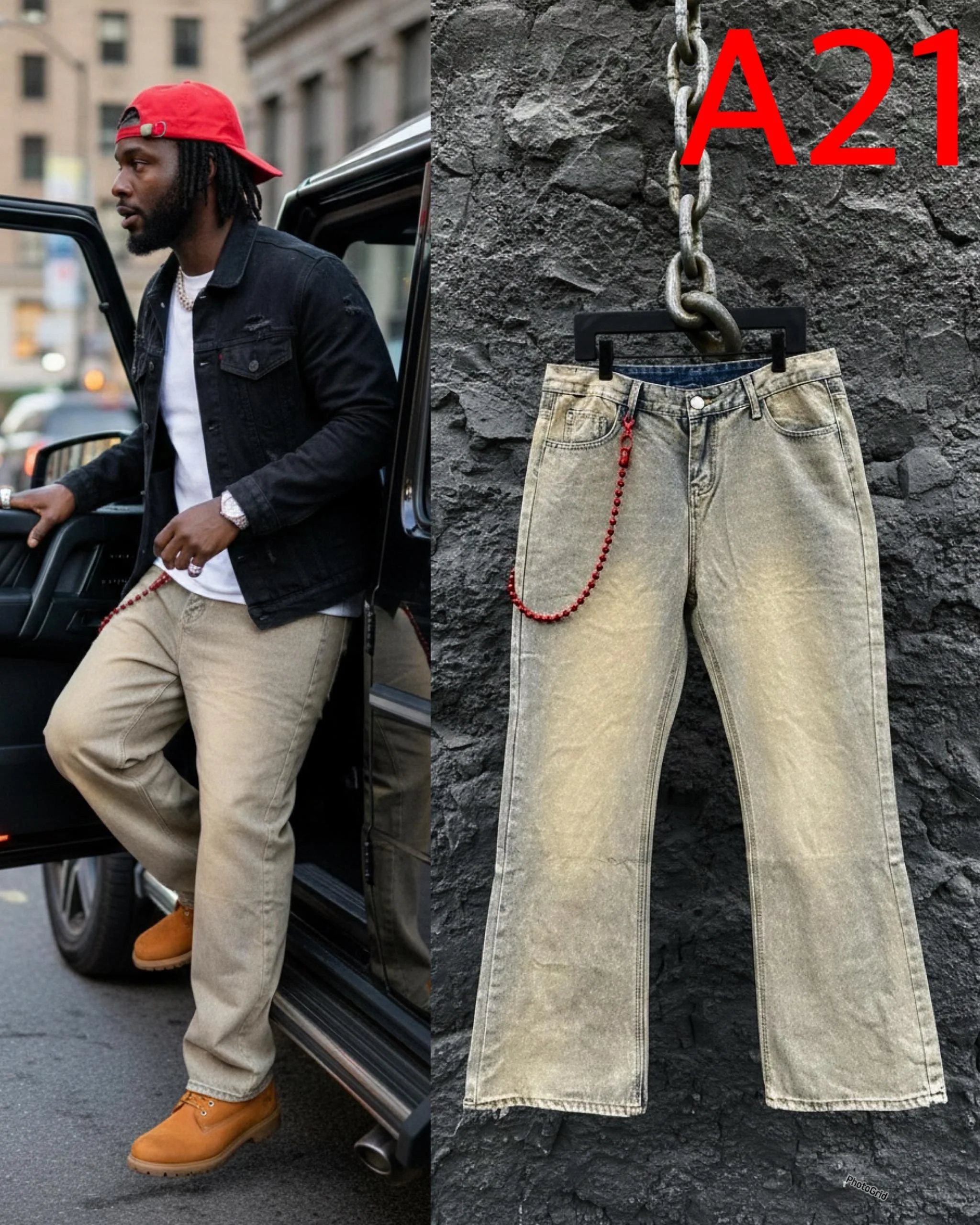A man wearing a red cap, black denim jacket, white t-shirt, beige jeans with a red beaded chain, and tan boots starts to step out of a black vehicle on a city street.