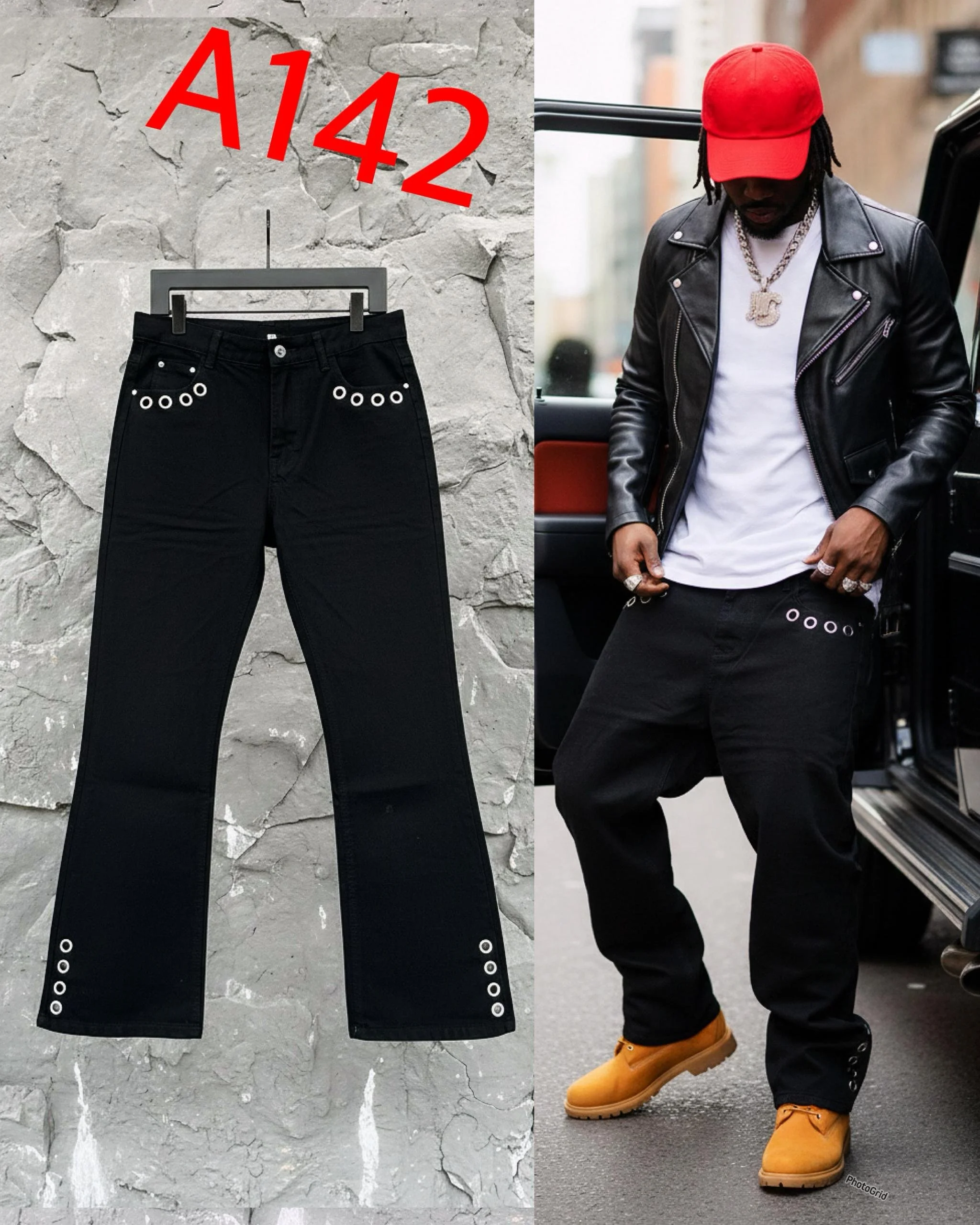 Side-by-side images of black jeans, with the left image showing the jeans hanging on a gray textured wall, and the right image showing a man wearing the same jeans, a leather jacket, white shirt, red cap, and tan boots, standing outdoors by a vehicle