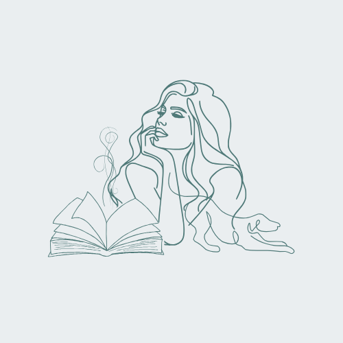 On a light blue background, green line art of a woman leaning on her arms, a stretching dog on the right, and an open book with magic swirls rising from it on the left