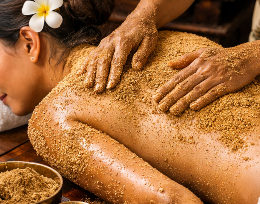 A woman receiving a traditional massage, covered in brown massage scrub, with a white flower in her hair, lying face down on a massage table.