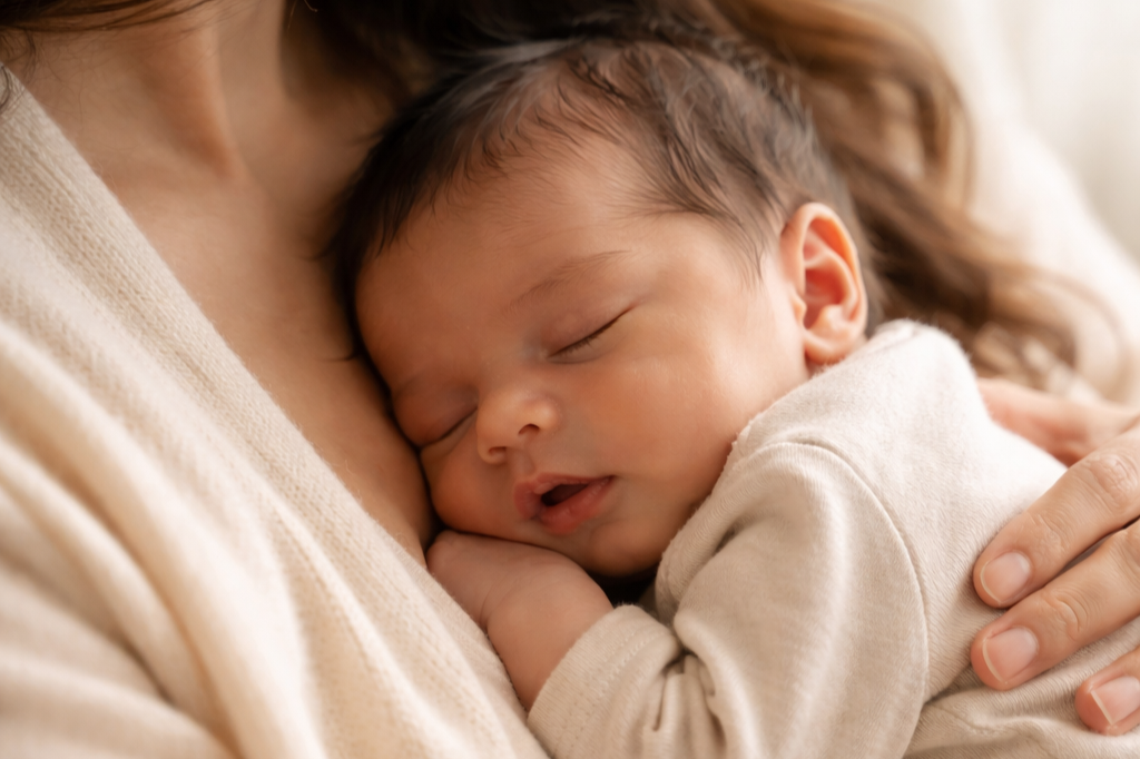 A close-up of a sleeping baby hugging an adult, likely a parent, with warm, soft lighting.