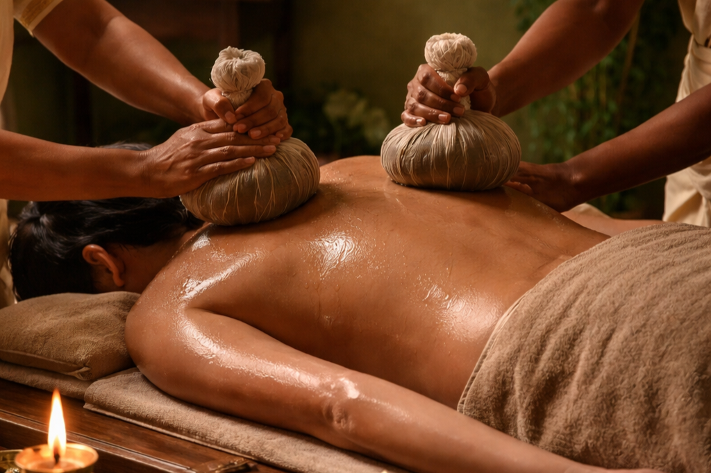Person receiving a herbal body wrap massage with herbal poultices applied on the back during a spa treatment.