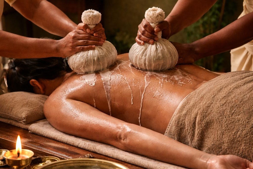 A person receiving a herbal compress massage, lying face down on a massage table, with legs covered by a towel. Three practitioners are using herbal compress balls to massage the person's back.