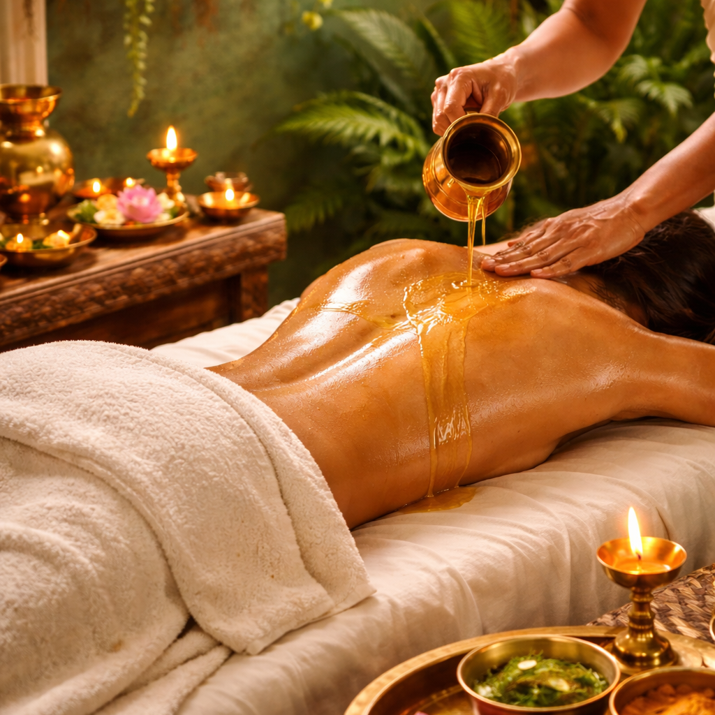 A person receiving a hot stone massage in a spa, with honey being poured over their back as part of a treatment, surrounded by lit candles and traditional decor.