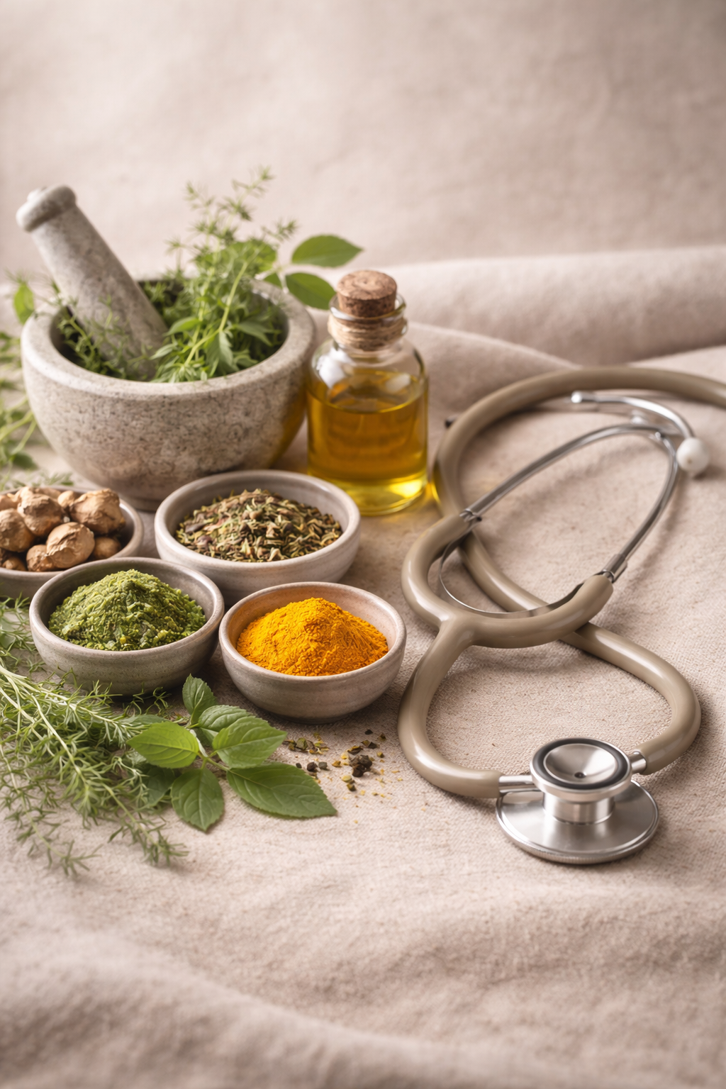 Medical stethoscope, herbs, spices, essential oil bottle, mortar and pestle on a beige cloth background.