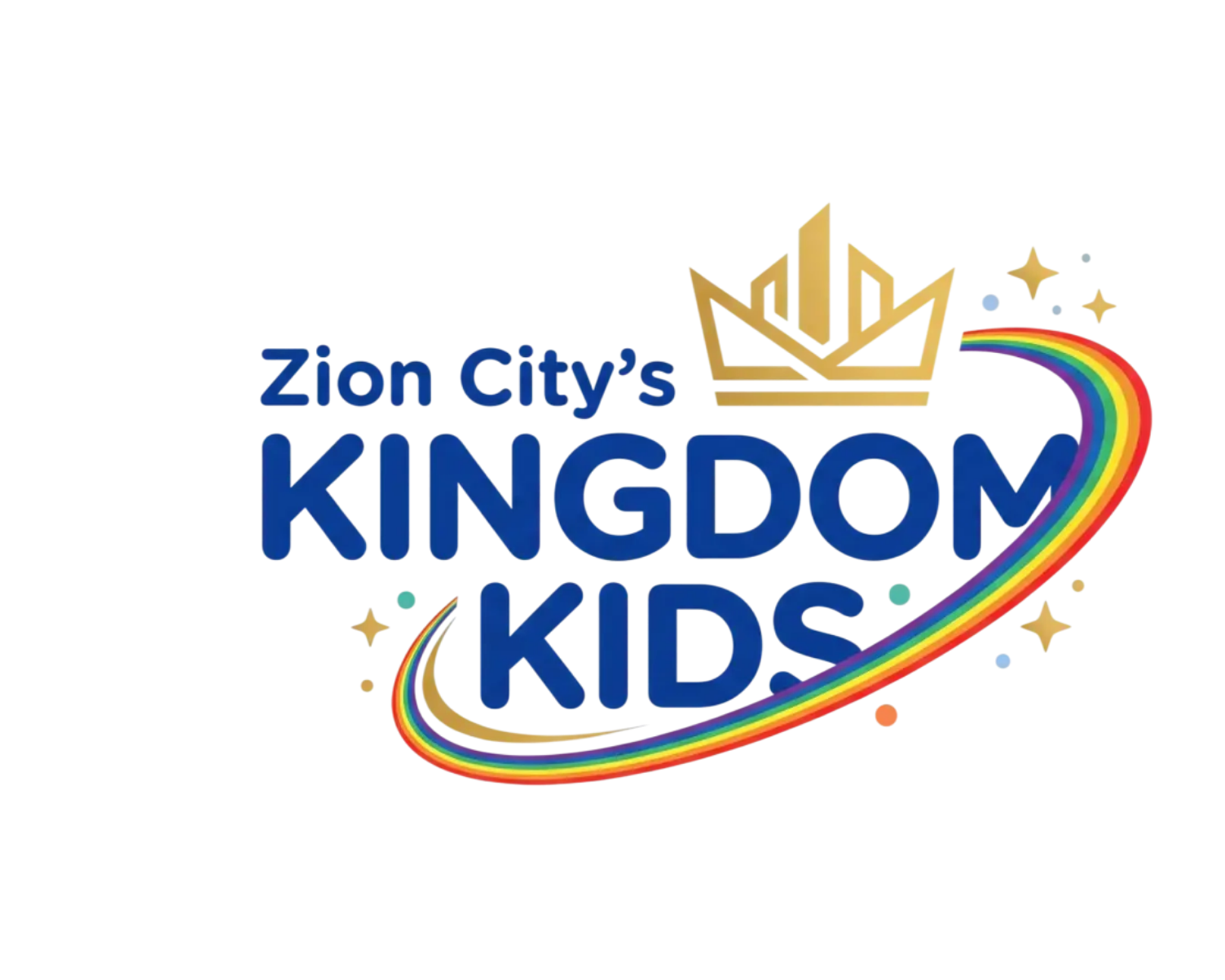 Logo for Zion City's Kingdom Kids featuring a crown, rainbow, and star accents with the text 'Zion City's Kingdom Kids' in blue.