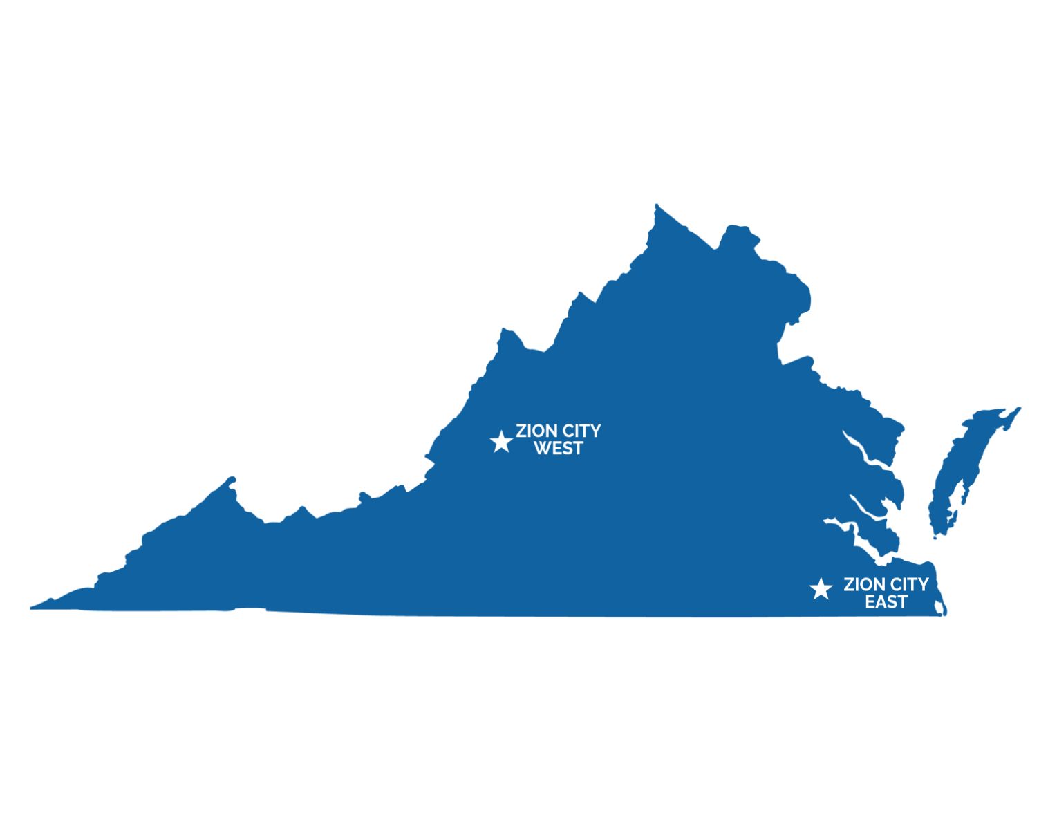 Map of Virginia highlighting Zion City West and Zion City East in blue.
