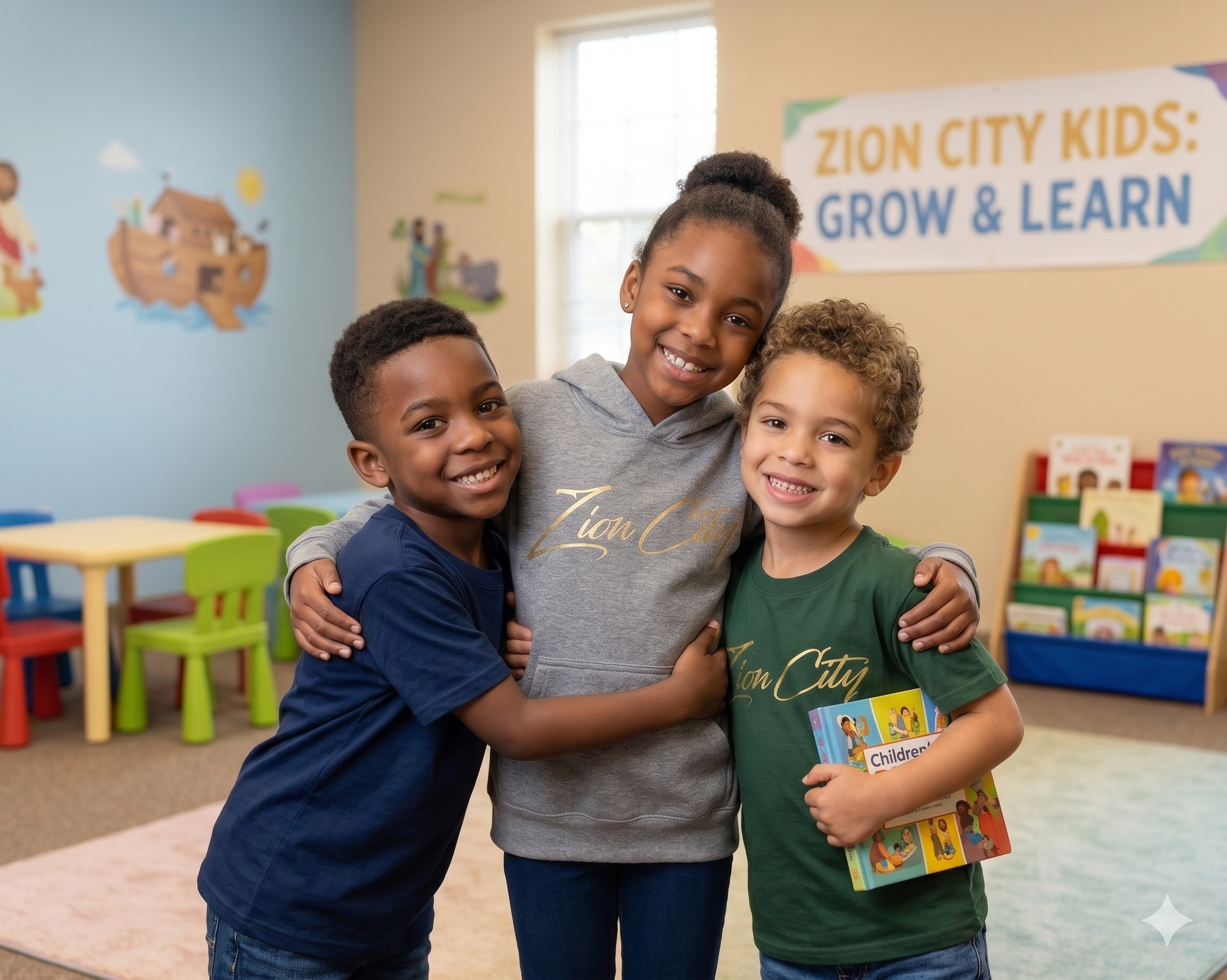 Three children smiling and hugging each other in a classroom, with a banner in the background that says 'Zion City Kids: Grow & Learn'.
