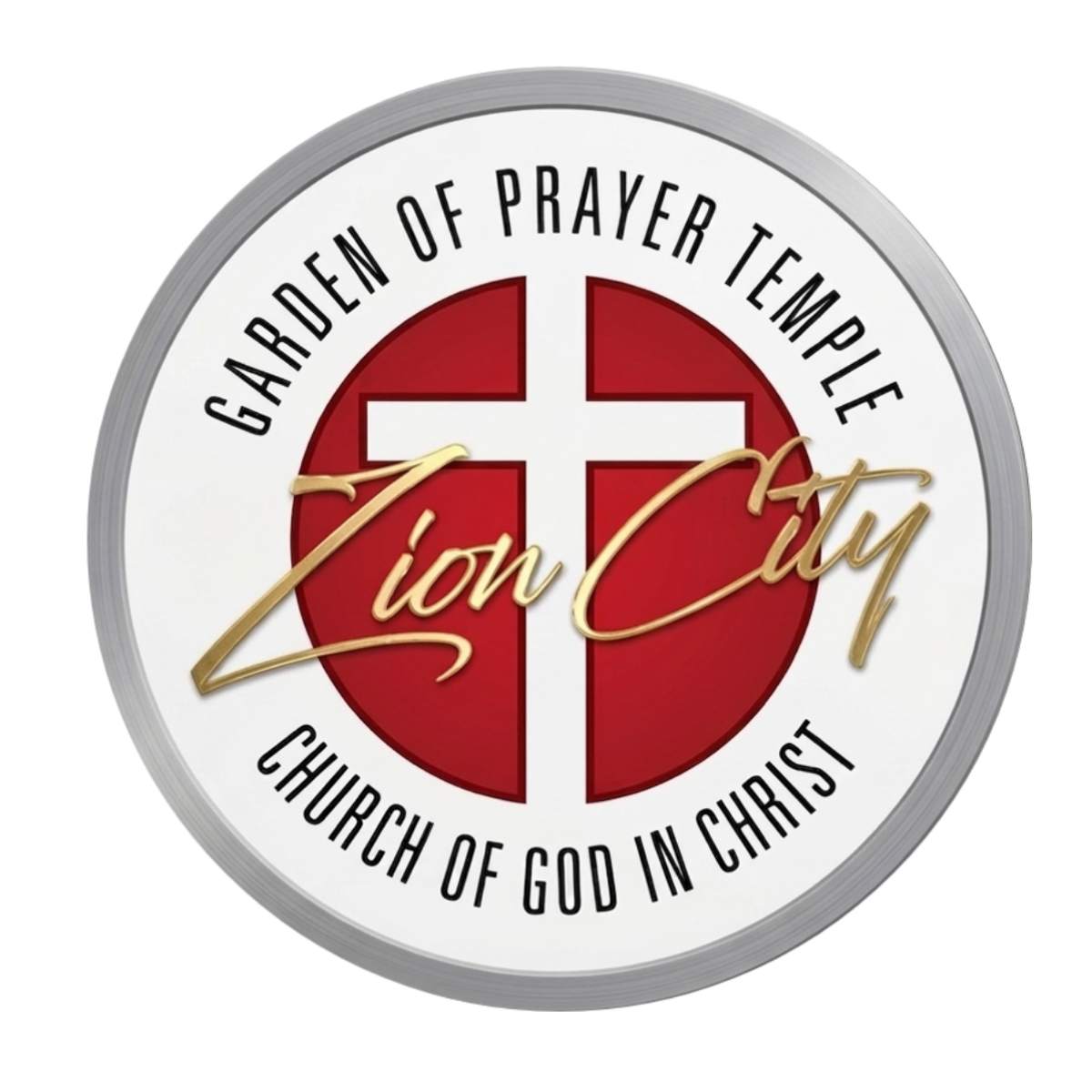 Circular logo for Zion City, a church of God in Christ, featuring a red cross within a red shield, with the text "Gariden of Prayer Temple" above and "Church of God in Christ" below, and "Zion City" written in gold cursive across the center.