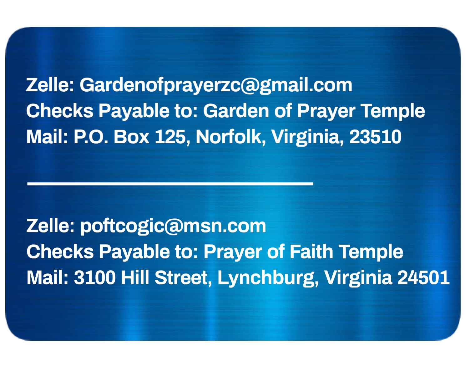 Contact information including emails, check payable to names, and mailing addresses for two different prayer temples.