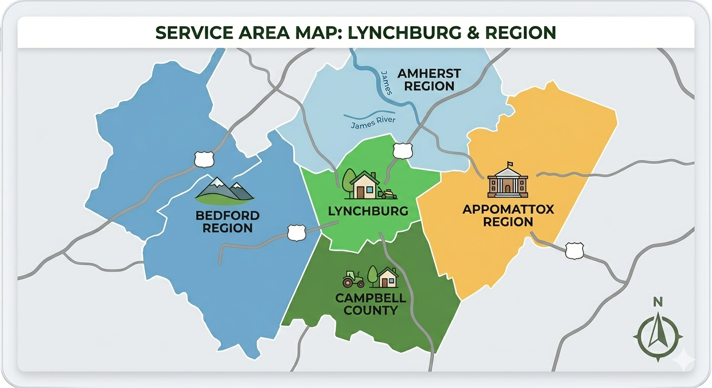 Map showing service areas of Lynchburg and surrounding regions, including Bedford Region, Amherst Region, Appomattox Region, and Campbell County, with icons representing homes, mountains, and government buildings.