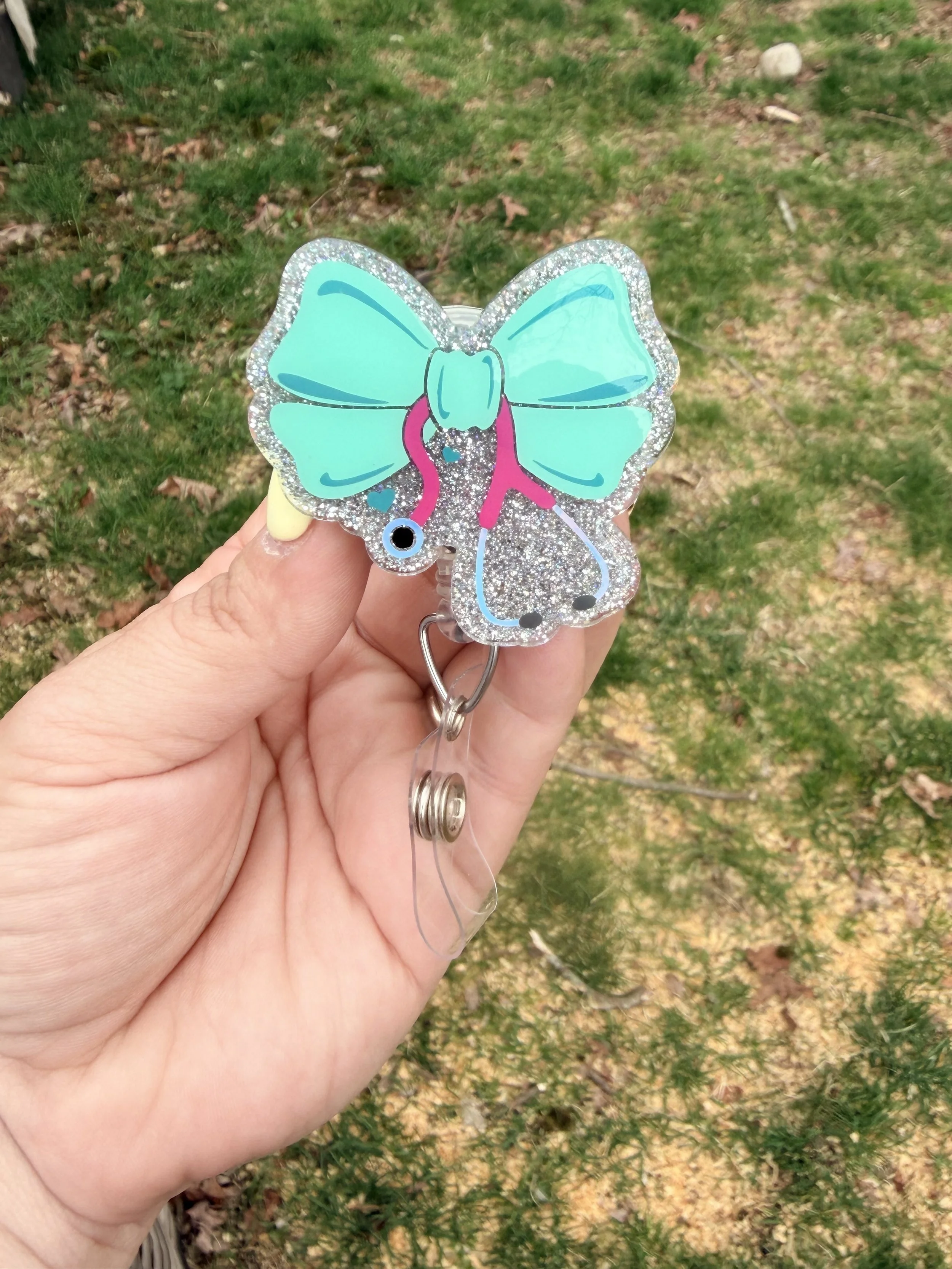 Glitter Bow Stethoscope Badge Reel| Cute Retractable ID Holder for Nurses, CNA’s & Healthcare Workers