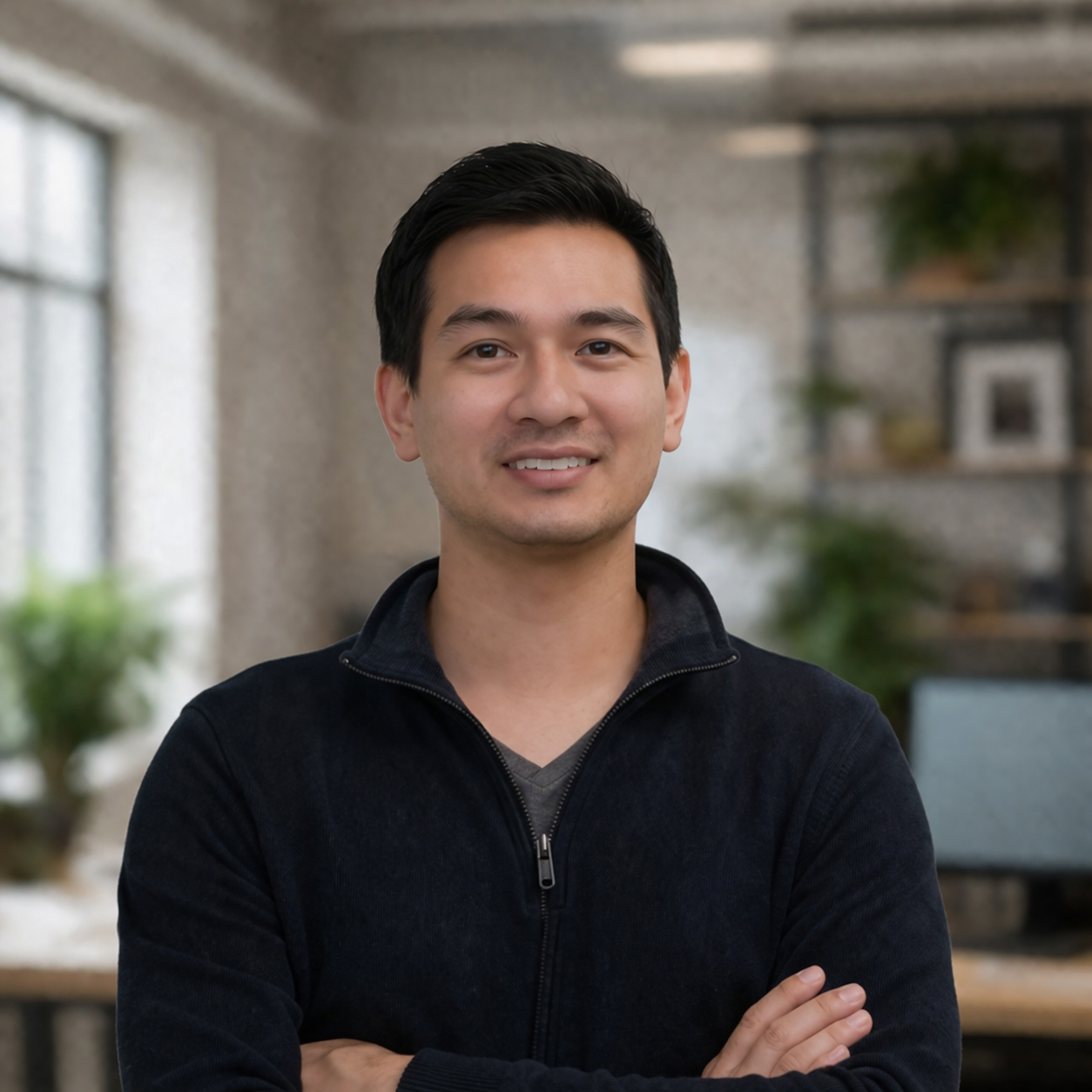 A young man with black hair smiling, wearing a black zip-up jacket, standing in a cozy modern room with large windows and green plants in the background.