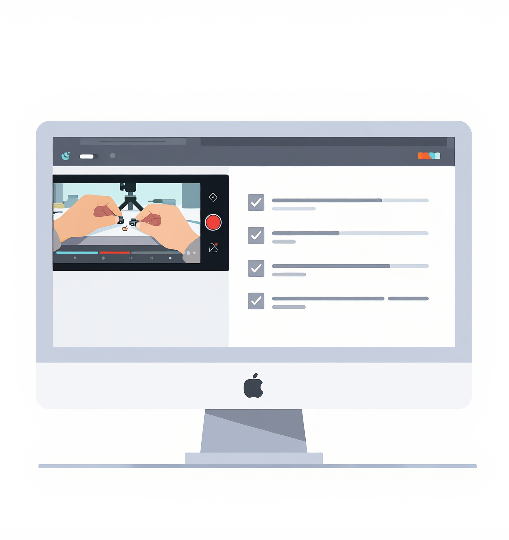 Digital illustration of an iMac computer screen displaying a video recording of hands assembling a small object, with checklists on the right side.