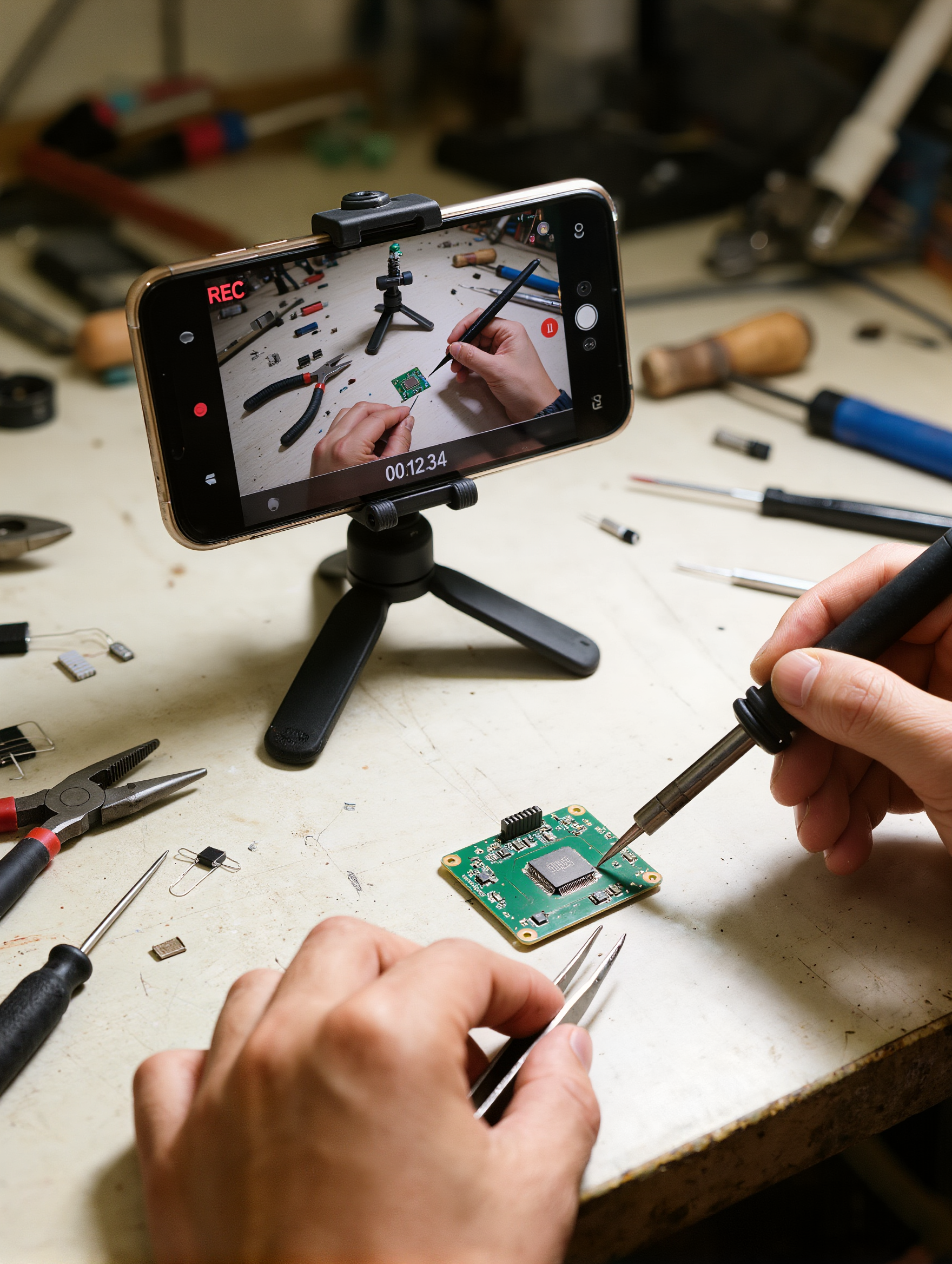Hands working on a circuit board with small tools on a cluttered workbench, filmed on a smartphone mounted on a tripod to record the process.