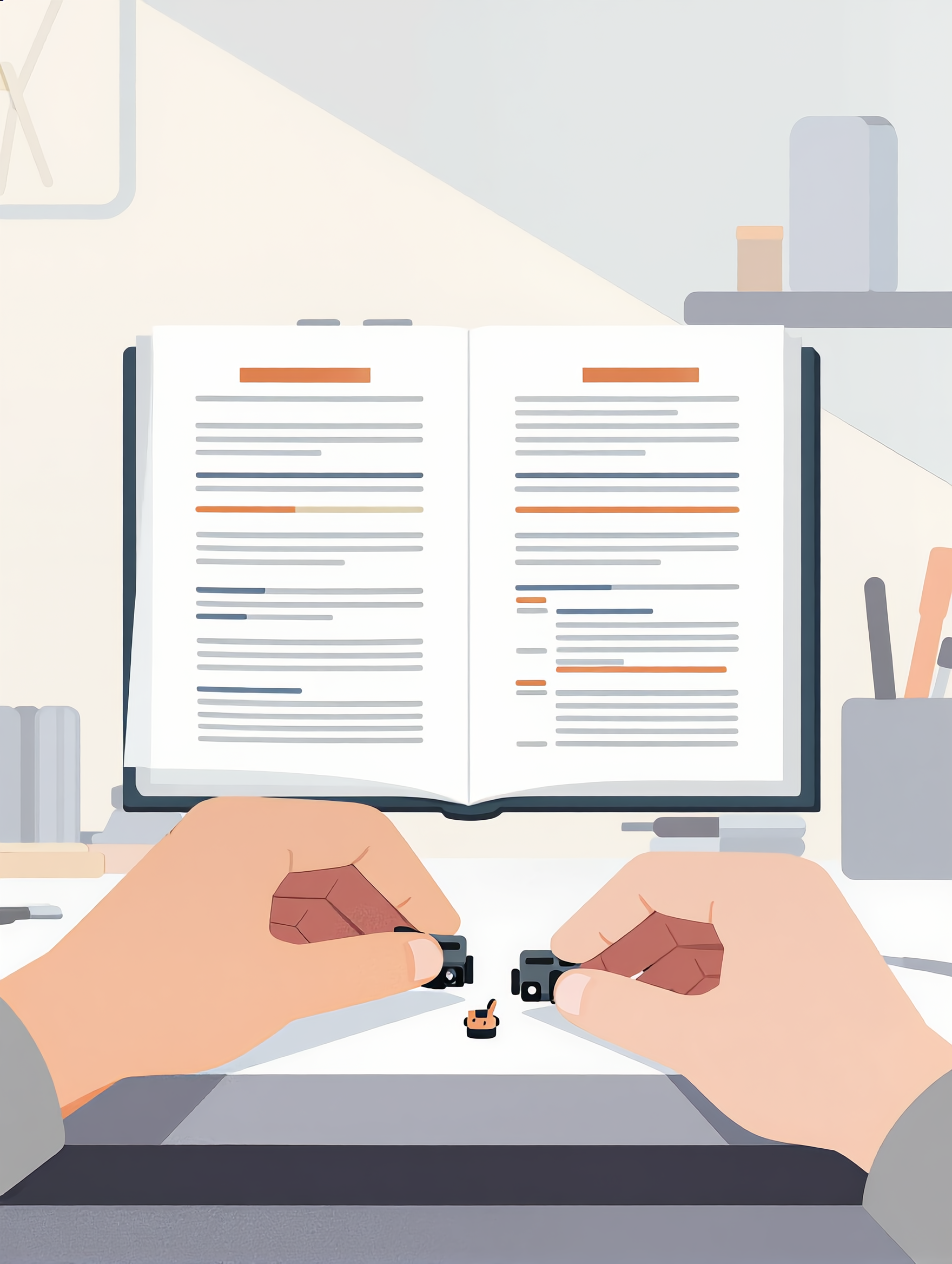 An illustrated scene of a person assembling a small electronic component in front of an open book with coding or text, on a desk surrounded by books and office supplies in a cozy workspace.