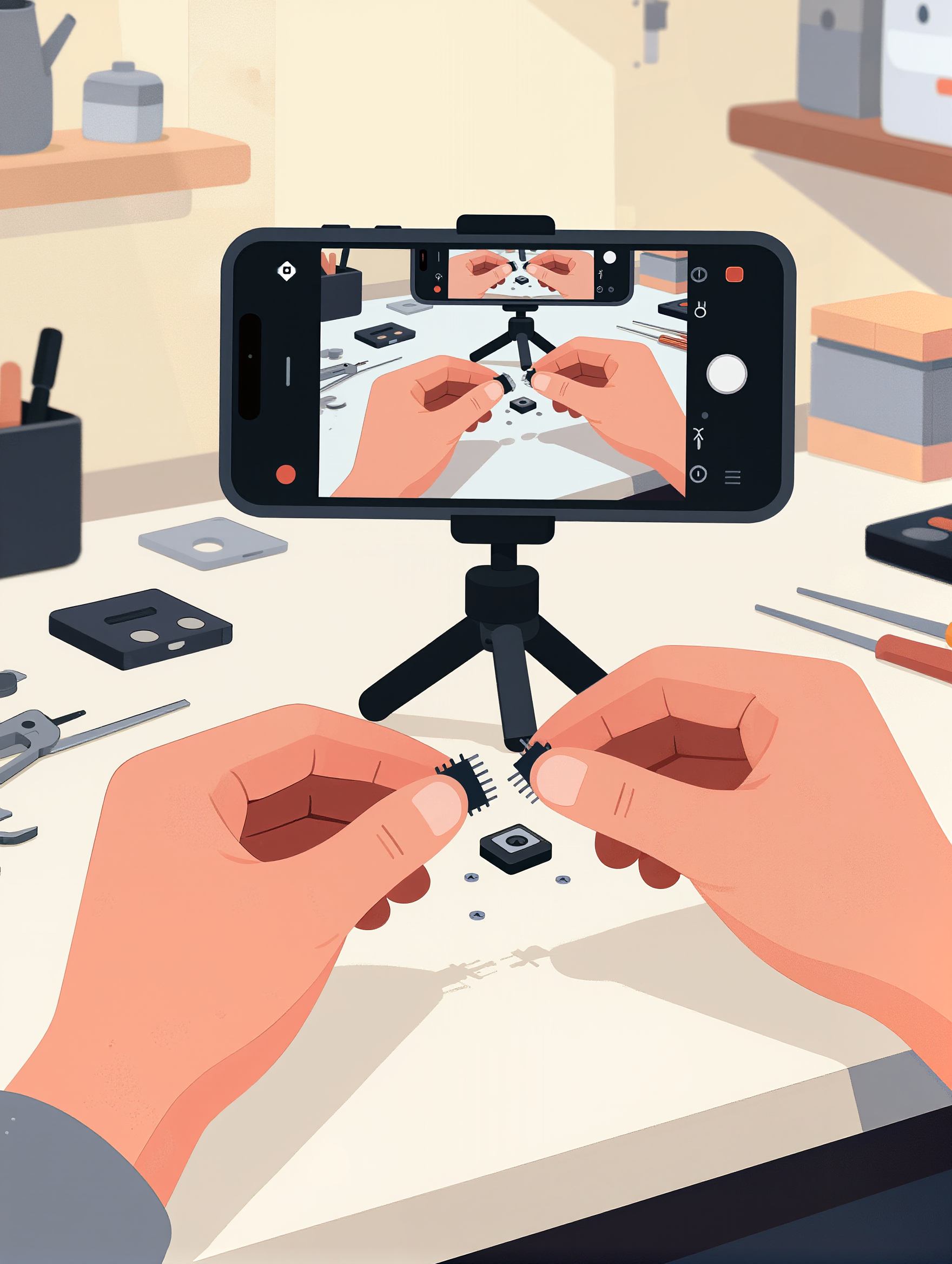 Person assembling electronic components with a smartphone set on a tripod taking a photo of their work in a workshop.