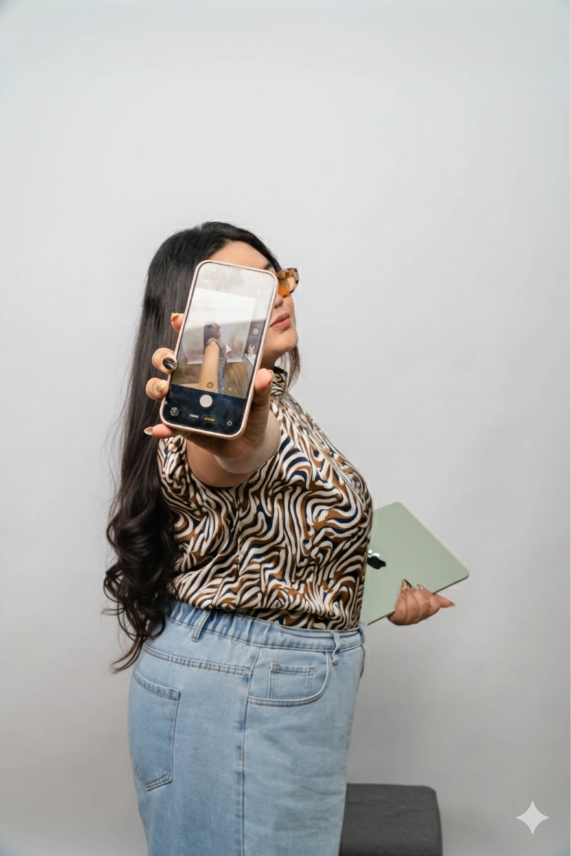 A woman with long dark hair, wearing glasses and a zebra print blouse, holds a smartphone out in front of her to take a selfie. She also holds a green folder in her other hand, standing against a plain white background.