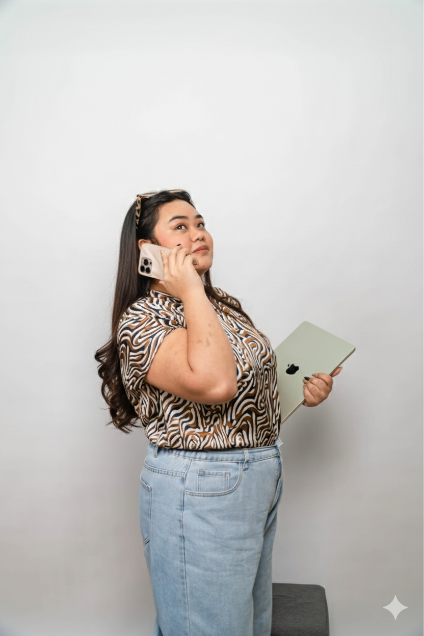 A woman with long dark hair, wearing a patterned shirt and light jeans, is holding a smartphone to her ear with her right hand and a closed silver laptop in her left hand, standing against a plain white background.