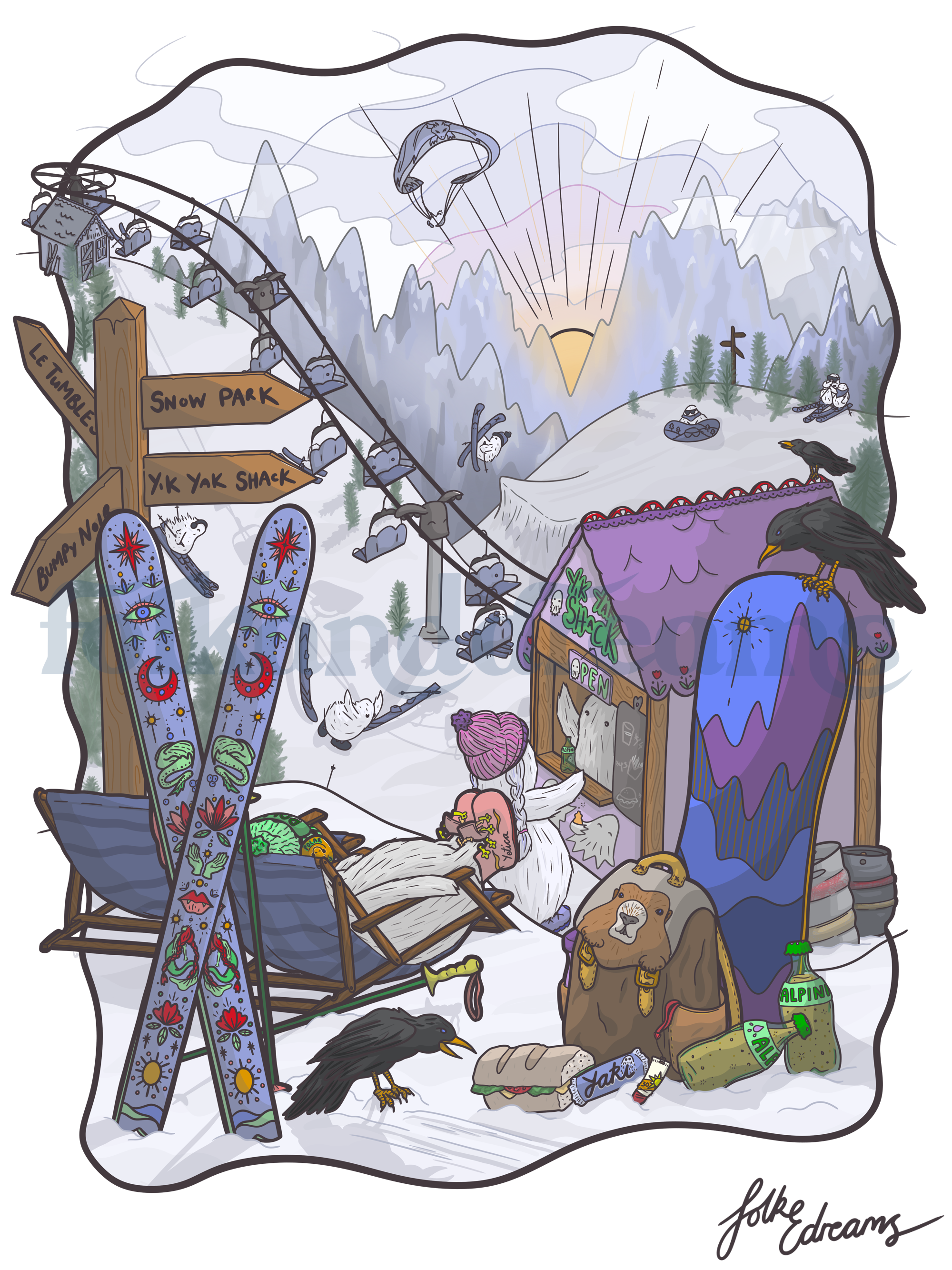 Yeti skiing alpine apres snowboarding adventure art magic cute legend