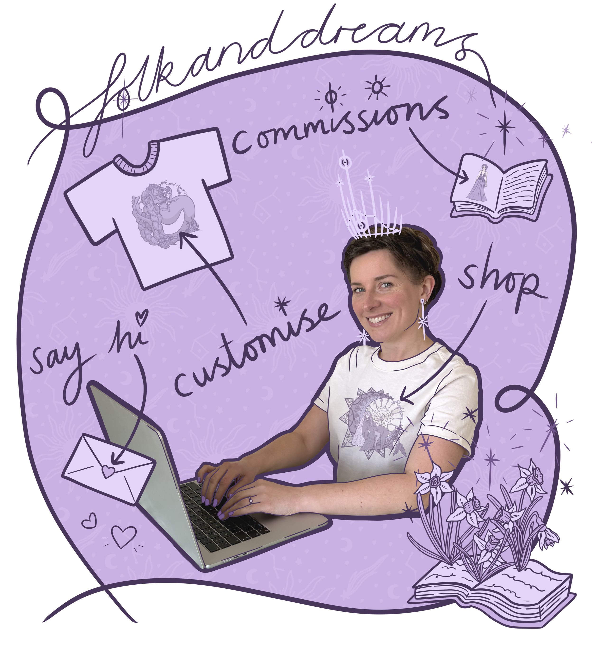 La artista Laura, frente a su ordenador portátil, explica cómo ponerse en contacto con ella. Envía un correo electrónico para encargos y pedidos personalizados. Suscríbete al boletín para estar al día de las novedades de las obras de arte y la tienda de Folk and Dreams.